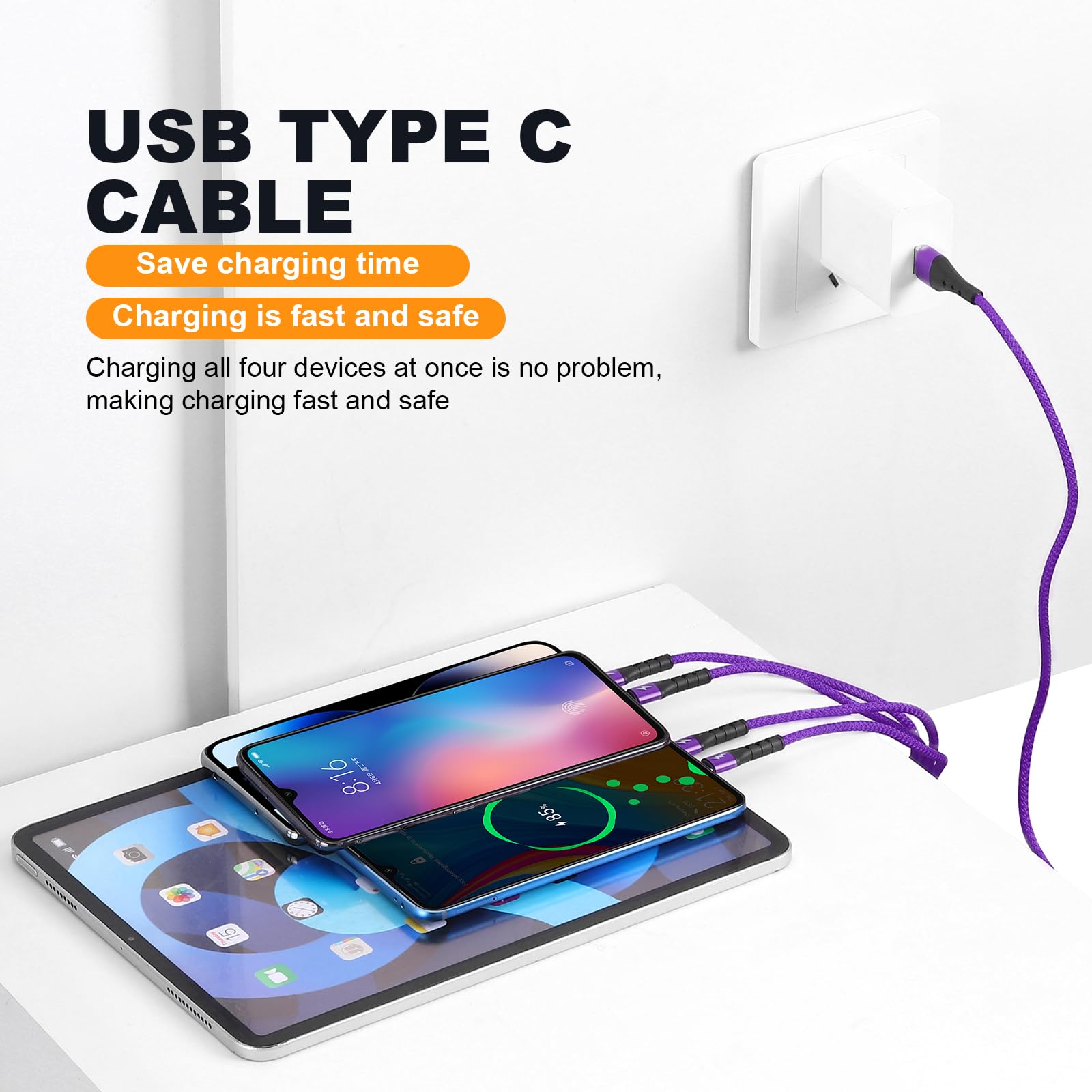 SIQIWO 4-in-1 Multi USB C Fast Charging Cable [2 Pack, 4FT] - QC 3.0 (3A) USB C Splitter with 4 Ports - Compatible with iPhone 16/15 Series, iPad Air/Pro, Samsung Galaxy S24/S23, Google Pixel, PS5 - Perfect for Home, Office & Travel Charging Multiple Devices Simultaneously