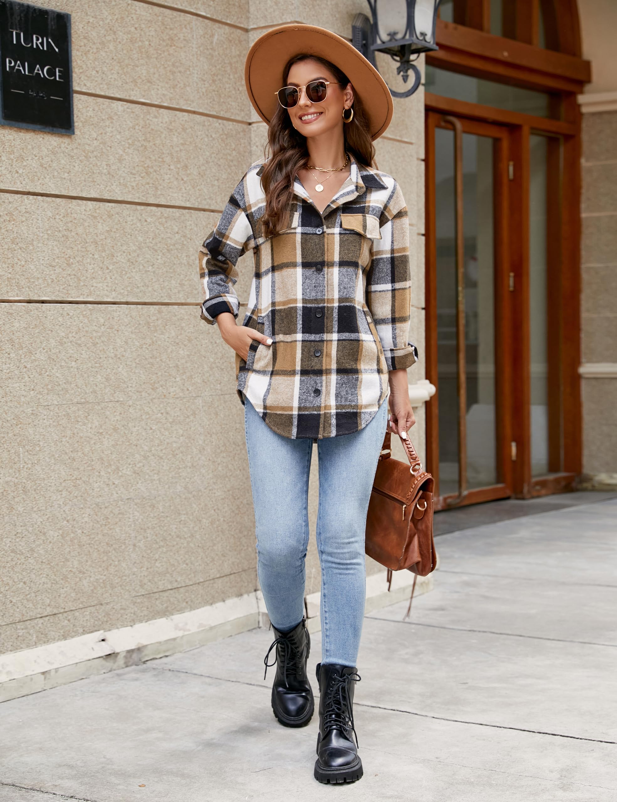 **Blooming Jelly Women's Flannel Plaid Shirt - Button Down Long Sleeve Fall Shacket Jacket with Pockets | Cozy Layering for Autumn & Winter Outfits**