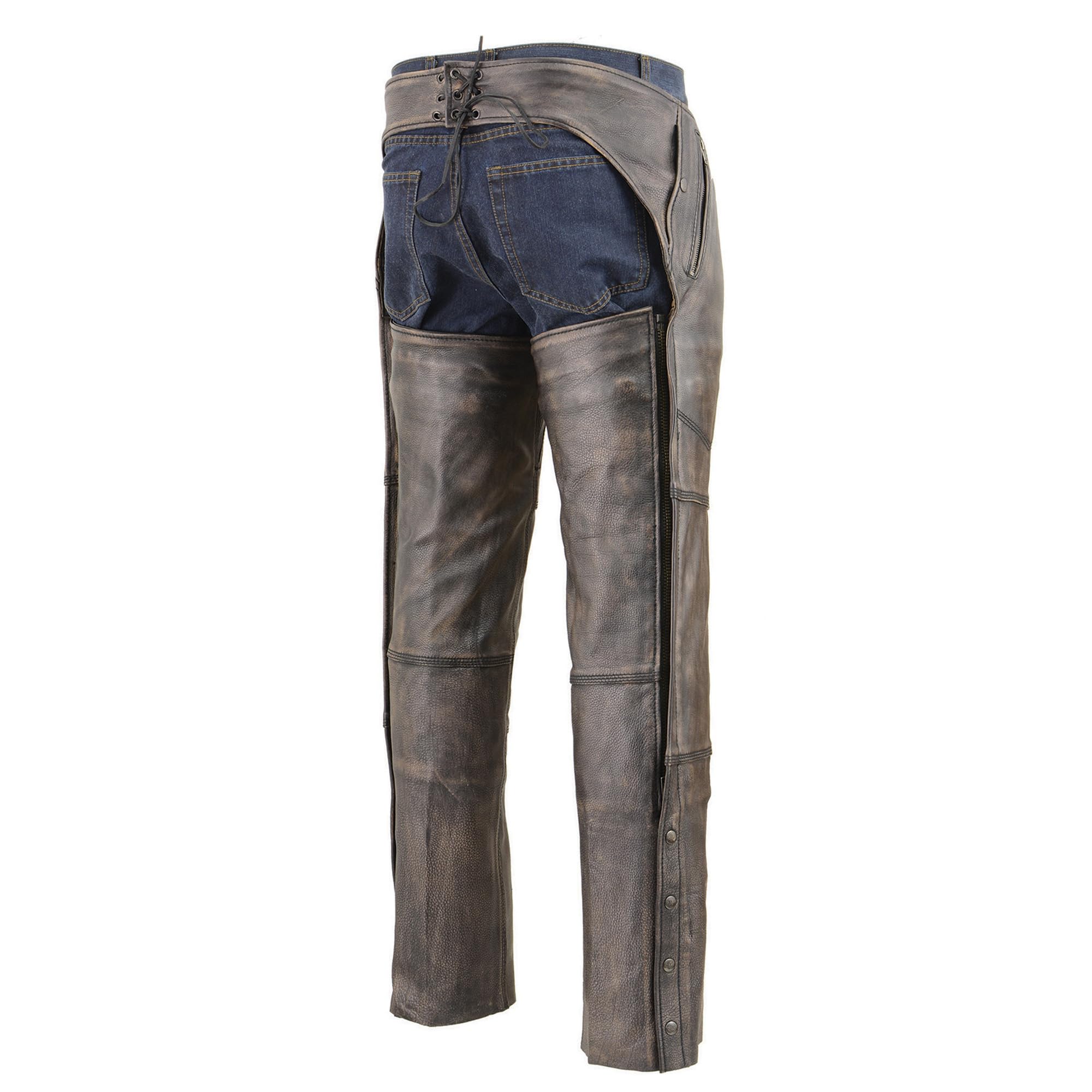 Milwaukee MLM5500 Men's Distressed Brown Leather Chaps - 4-Pocket Thermal Lined Motorcycle Riding Gear for Winter & Cold Weather Protection