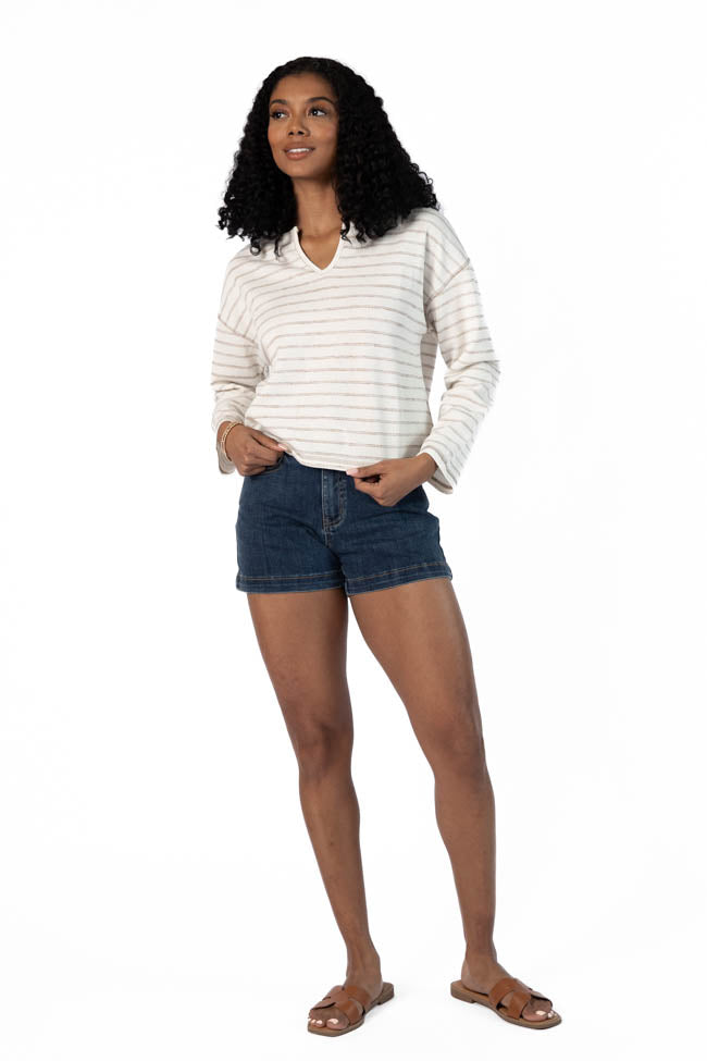Stylish Cream and Beige Striped Notched Neck Tee for Women | Casual Everyday Wear | Perfect for Work, Dates & Weekend Outfits | Final Sale