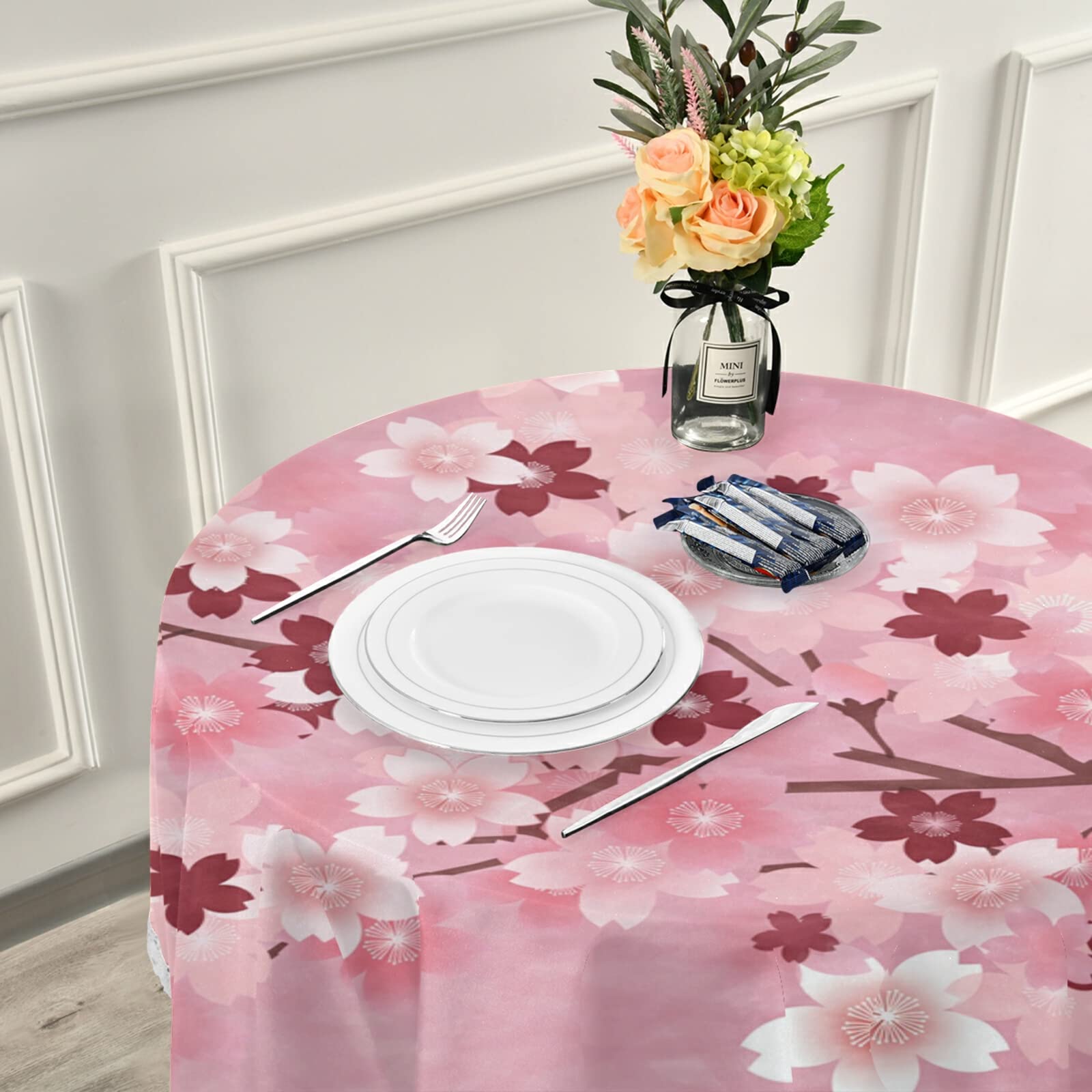 ALAZA 60 Inch Round Pink Cherry Blossom Floral Tablecloth - Washable Polyester Lace Table Cover for Kitchen, Dining, Party & Picnic Decor | Perfect for Spring Celebrations & Outdoor Gatherings