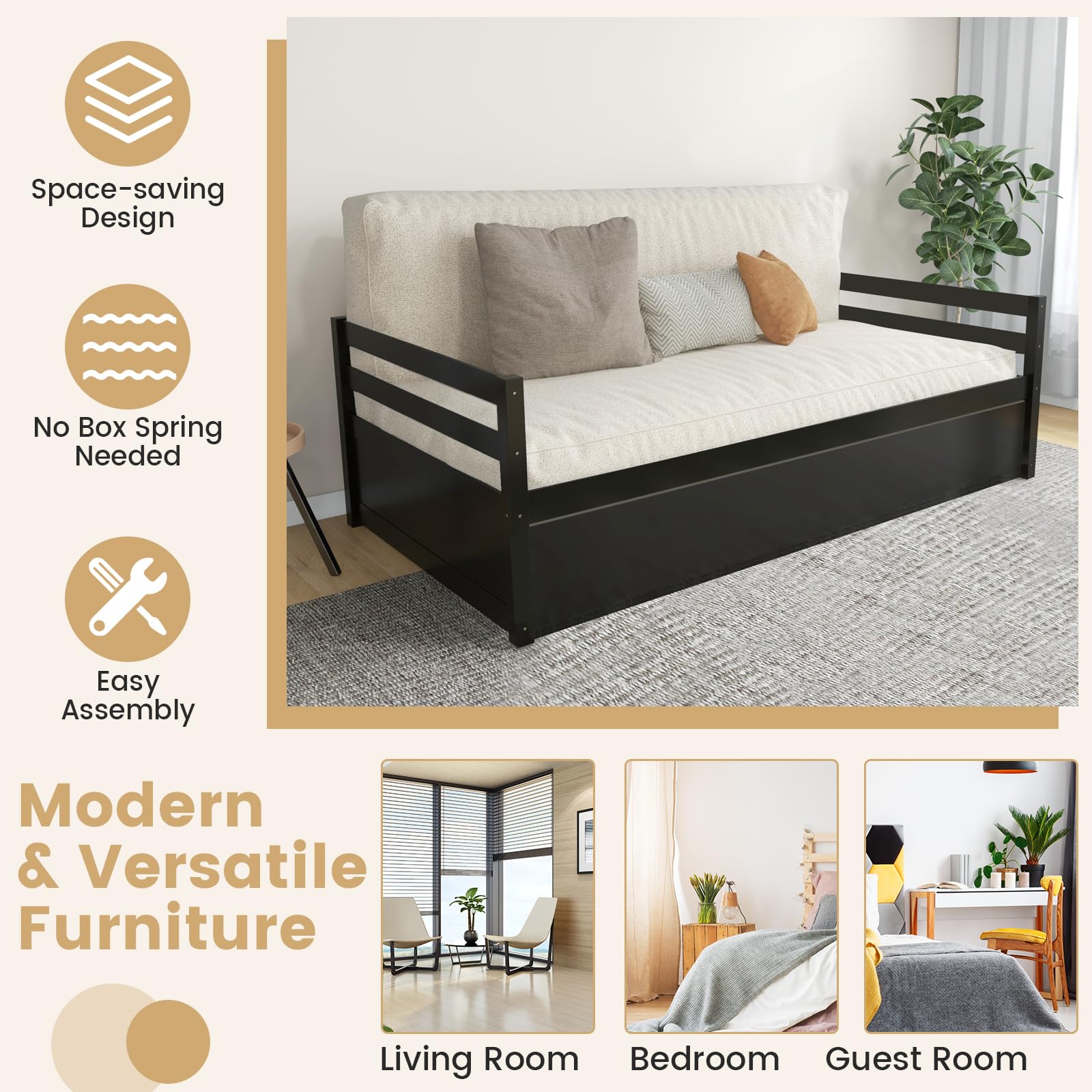 KOMFOTT Twin Size Wooden Daybed Frame with Trundle - No Box Spring Needed Sofa Bed for Guest Room, Kids Room & Living Room - Perfect for Sleepovers, Space Saving & Extra Guest Accommodation