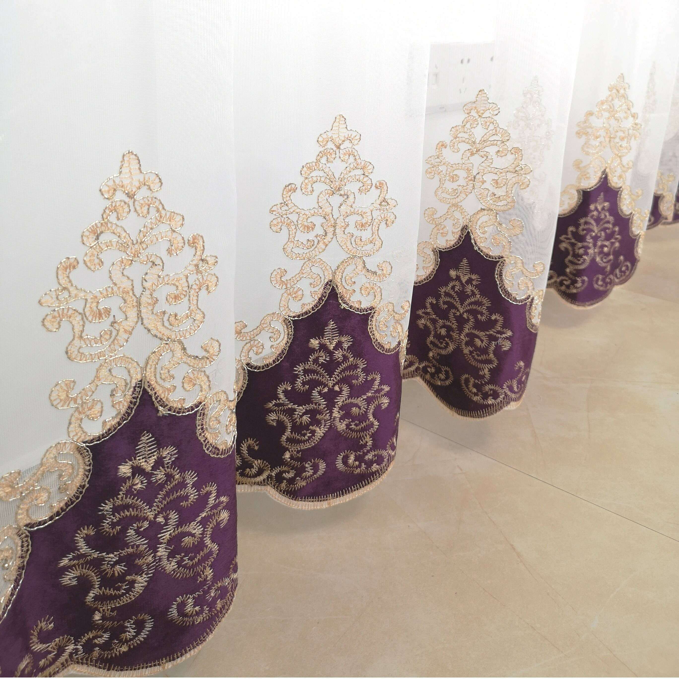 Brittany Velvet Embroidered White Sheer Purple Curtains - Elegant Window Drapes for Living Room, Bedroom & Home Decor