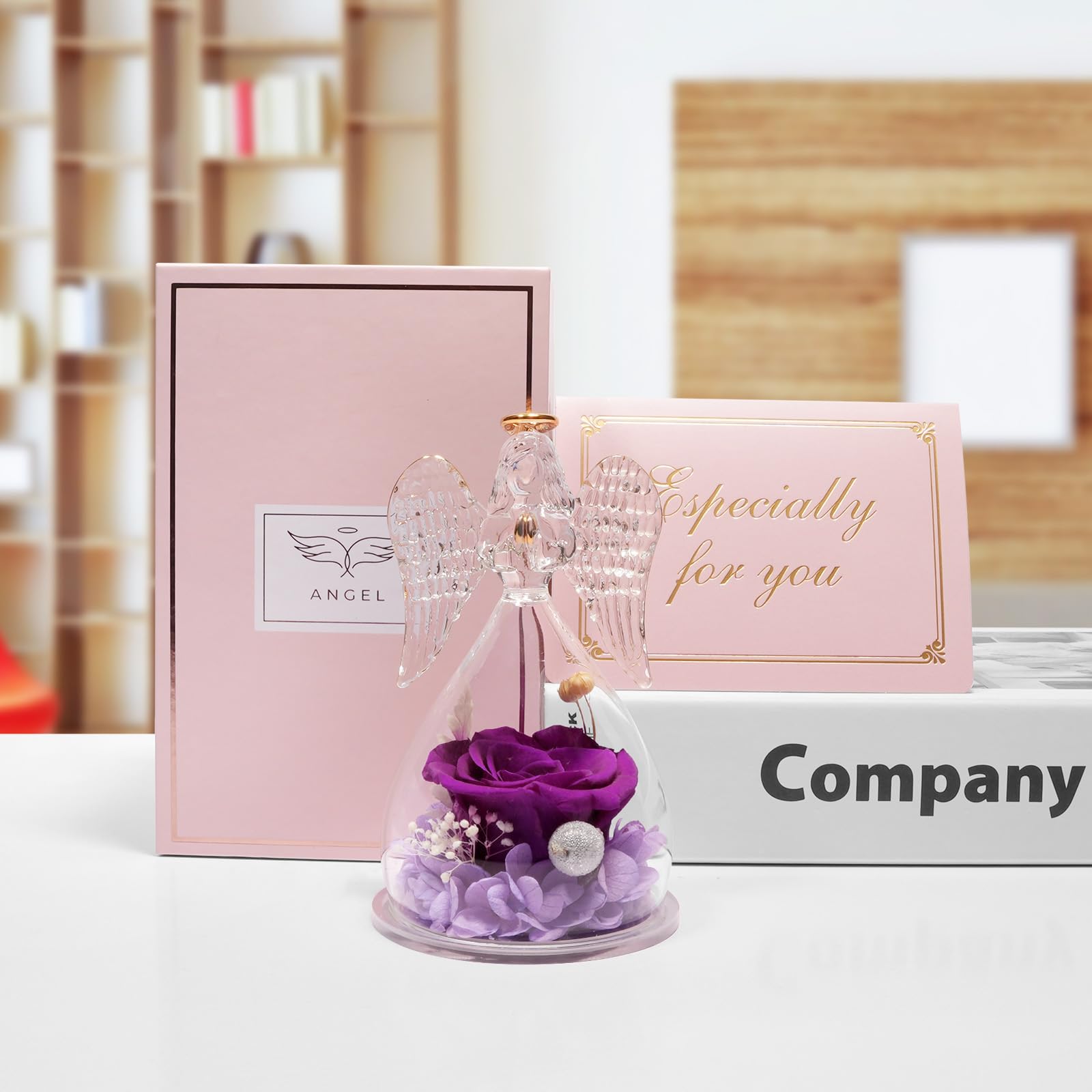 Preserved Real Rose in Glass Dome with Angel Figurine - Eternal Flower Gift for Mom, Grandma, Wife | Birthday, Mother's Day, Christmas, Anniversary, Thanksgiving Present | Home Decor, Wedding Centerpiece, Romantic Keepsake