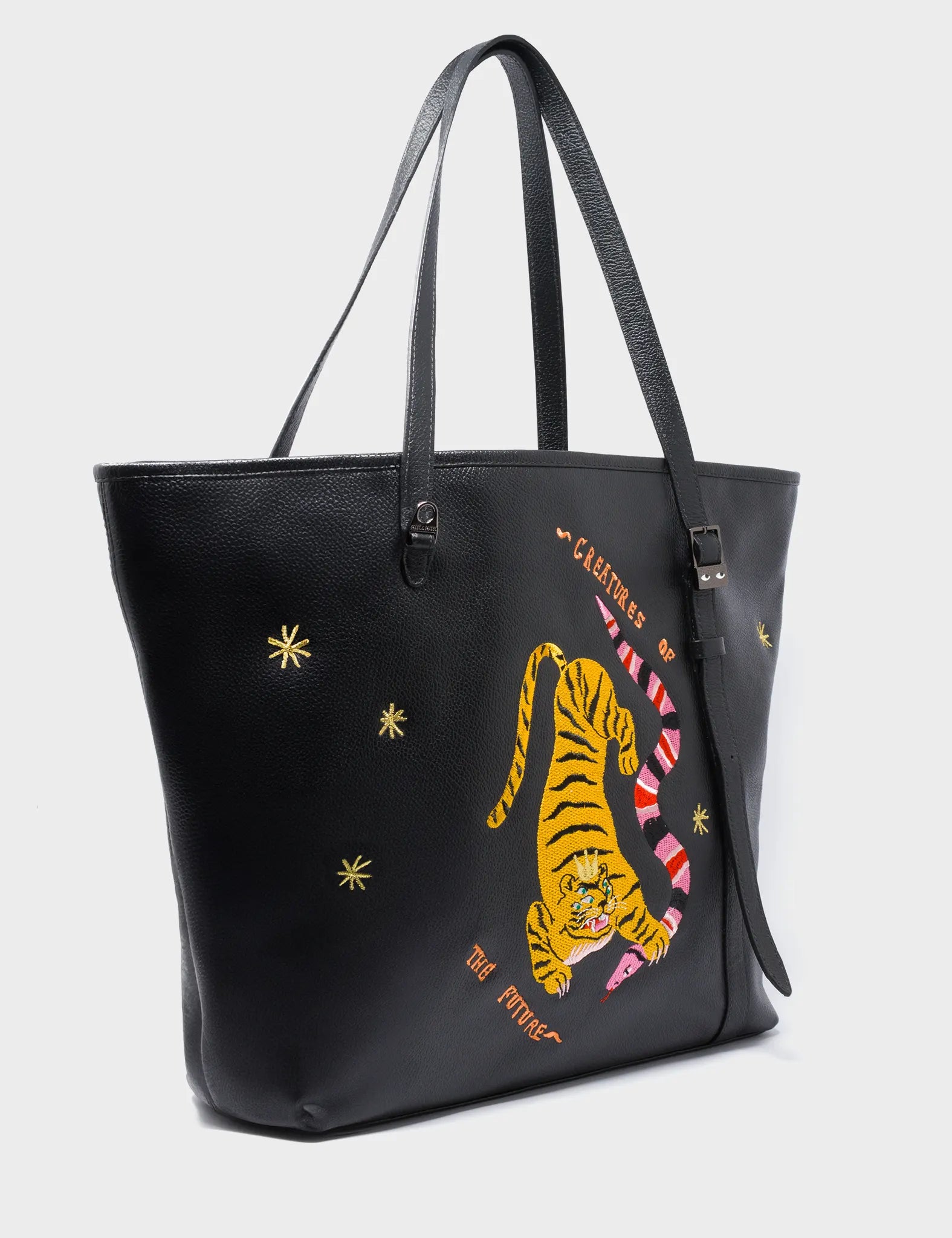 Bruno Black Leather Tote Bag with Creatures of the Future Embroidery - Stylish Women's Work Bag for Office, Travel & Everyday Use