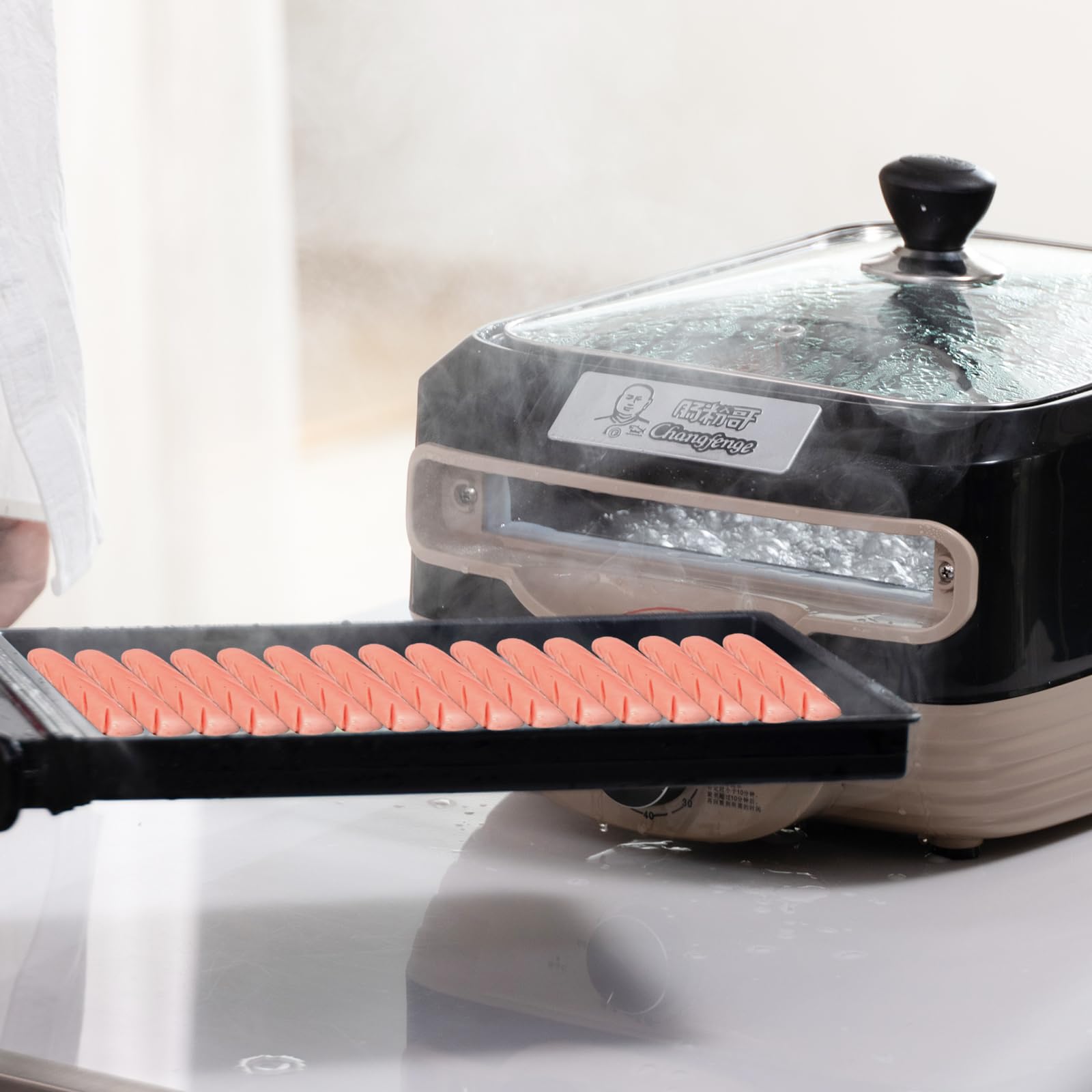 Automatic Rice Noodle Roll Machine & Hot Dog Steamer Combo - Commercial Cantonese Cheung Fun Maker with Bun Warmer for Chinese Breakfast, Dim Sum Restaurants, and Street Food Vendors (Black)