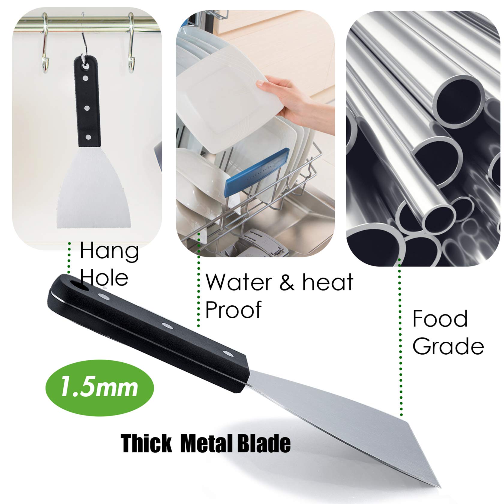 Stainless Steel Grill Griddle Scraper Set of 2 - Heavy Duty Metal Flat Top Grill Cleaner for Pancakes, Pizza, Teppanyaki & BBQ - Dishwasher Safe with Slanted Edge - Perfect for Home Baking, Camping & Outdoor Cooking