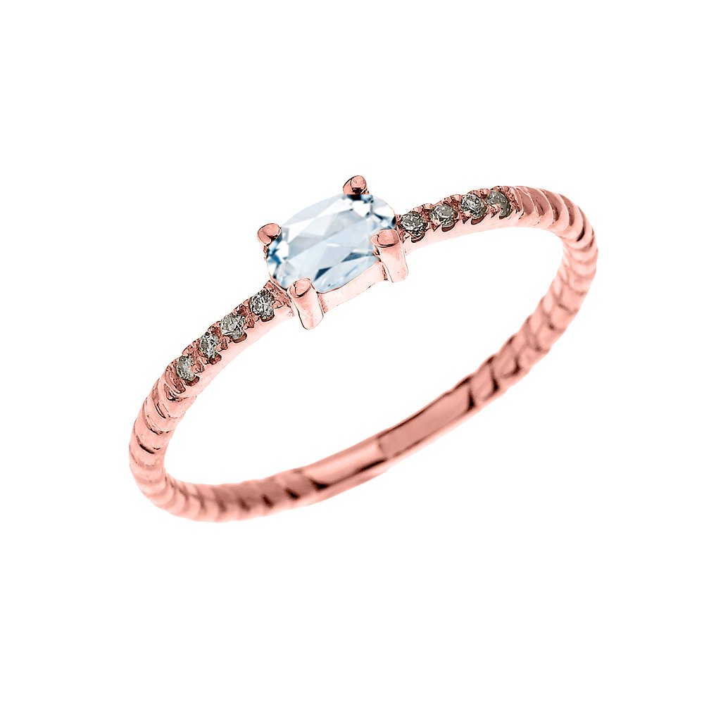 10K Rose Gold Diamond & Solitaire Oval Aquamarine Rope Design Stackable Engagement Ring for Women - Perfect for Proposals, Weddings, Anniversaries & Everyday Elegance