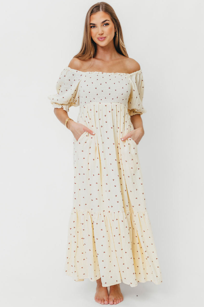 Livvy 100% Cotton Maxi Dress with Cherry Print - Flowy Summer Dress for Women, Beach Cover Up, Vacation Outfit, Casual Boho Chic Style