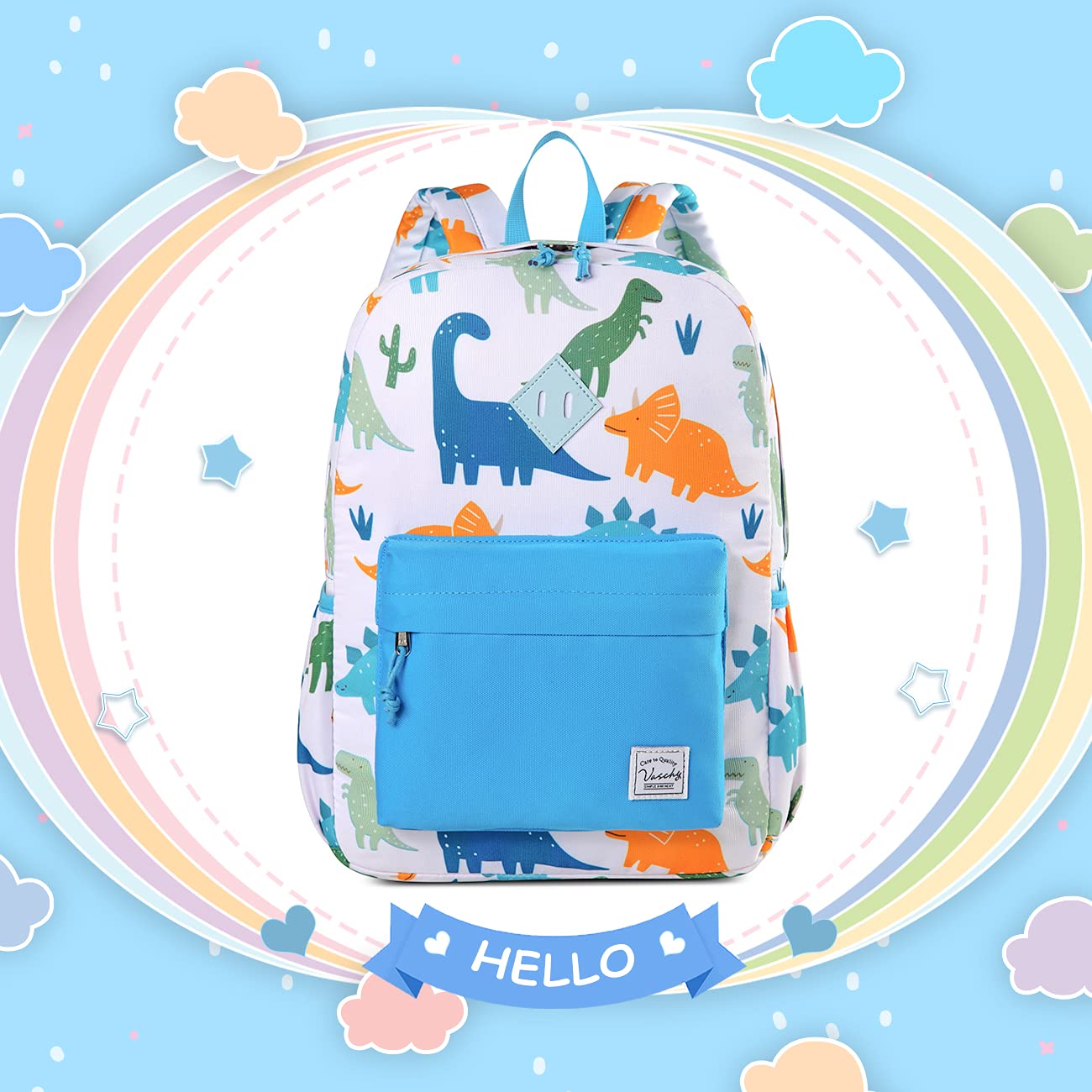 VASCHY Dinosaur Kids Backpack for Boys - Lightweight Toddler Backpack for Daycare, Preschool & Travel - Cute White Dino Design School Bag for Little Boys | Perfect for School, Outdoor Adventures & Daily Use