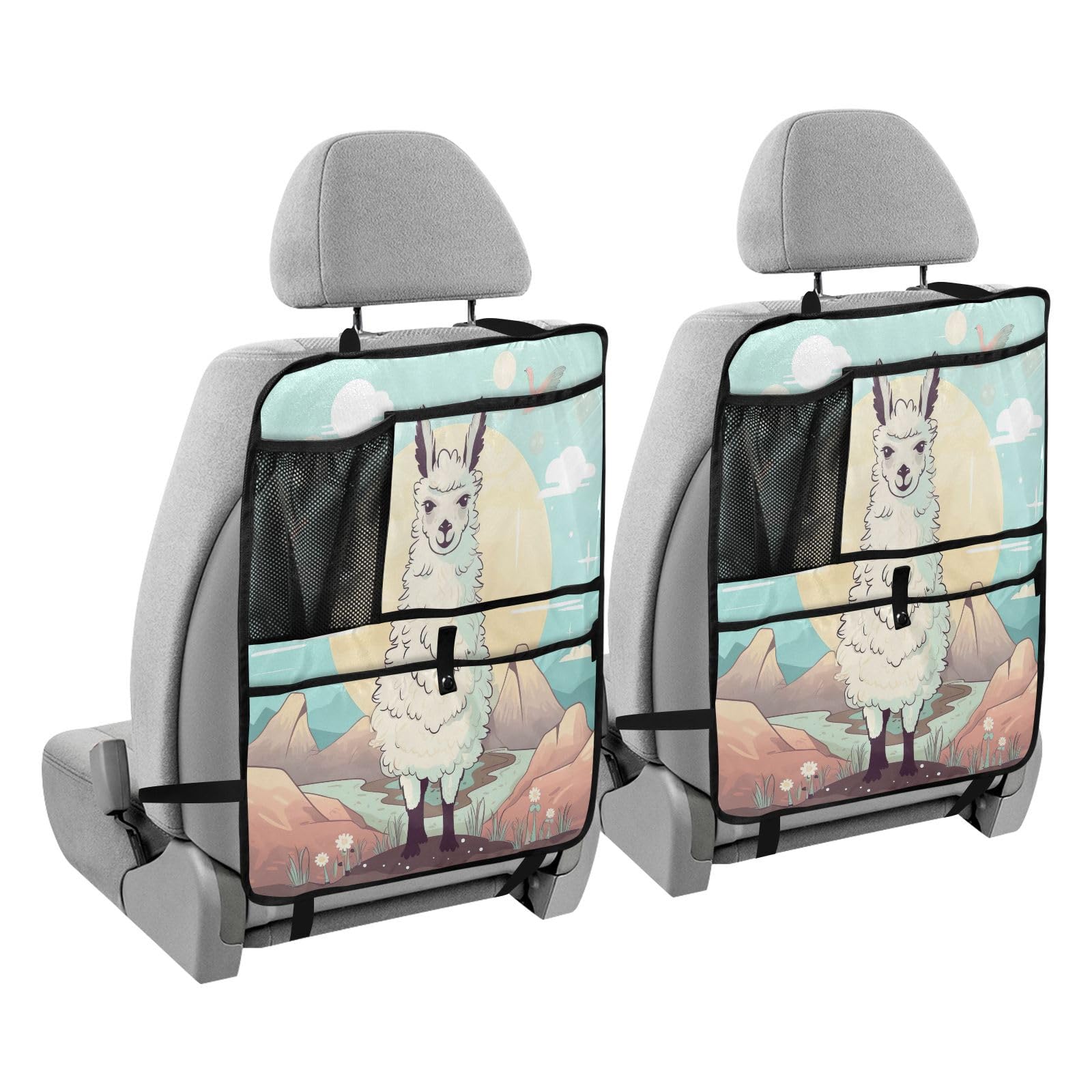 Alpacas Car Seat Protector with Storage Pockets - Waterproof Back Seat Cover & Kick Mats for Cars, SUVs, Trucks - Perfect for Kids, Pets & Travel Organization