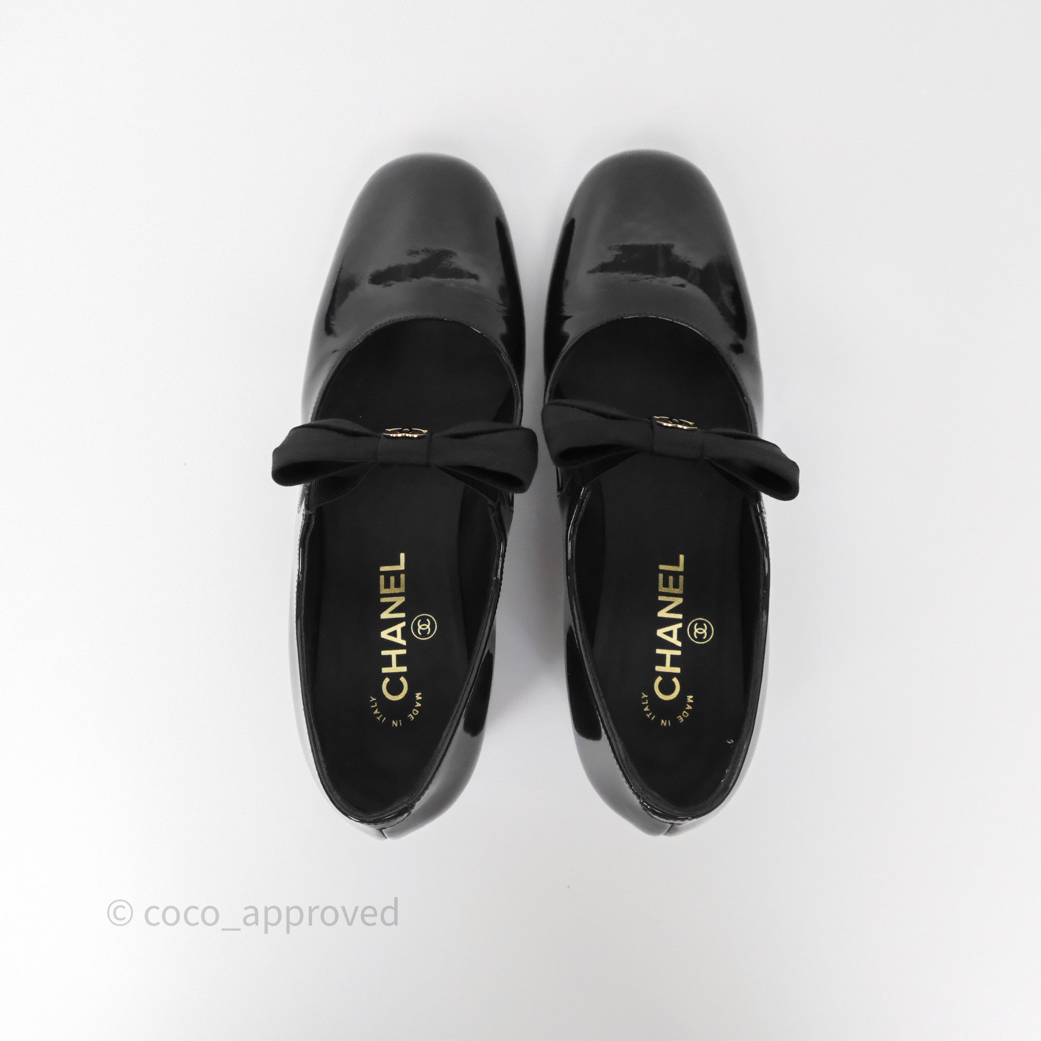 Chanel CC Ribbon Mary Jane Block Heel Shoes Black Patent Leather 24C Collection Size 39.5 - Perfect for Formal Events, Weddings & Office Wear