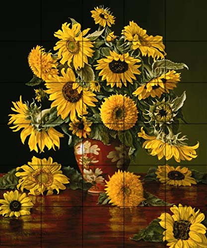 Sunflower Tile Mural Kitchen Backsplash - Crimson Vase Design for Stylish Home Decor | Perfect for Modern Kitchens & Dining Areas