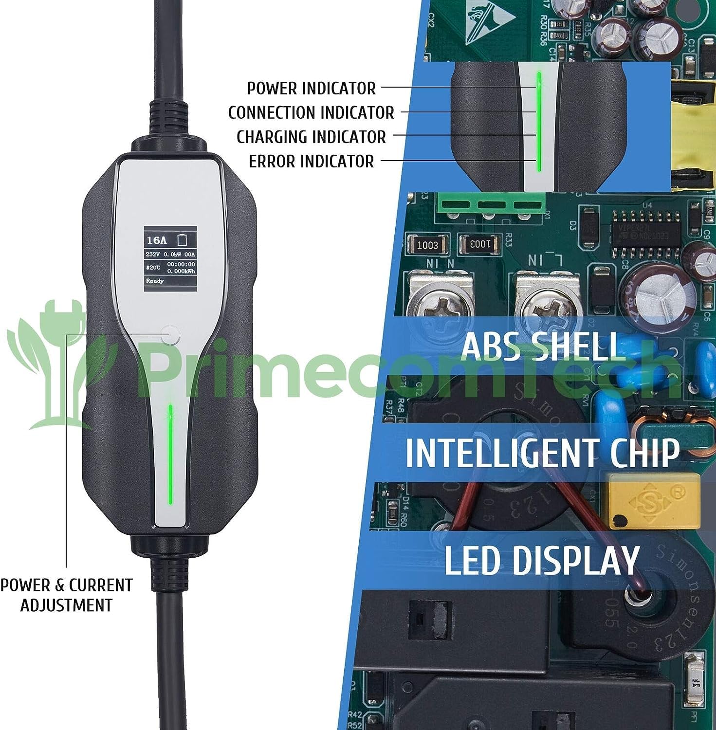 PRIMECOM.TECH 32A Level 2 EV Charger with Holster & Hanger - 240V 32 Amp NEMA 14-50 Plug for Home & Commercial Charging - Fast Charging for Tesla, Nissan Leaf, Chevy Bolt & More EVs