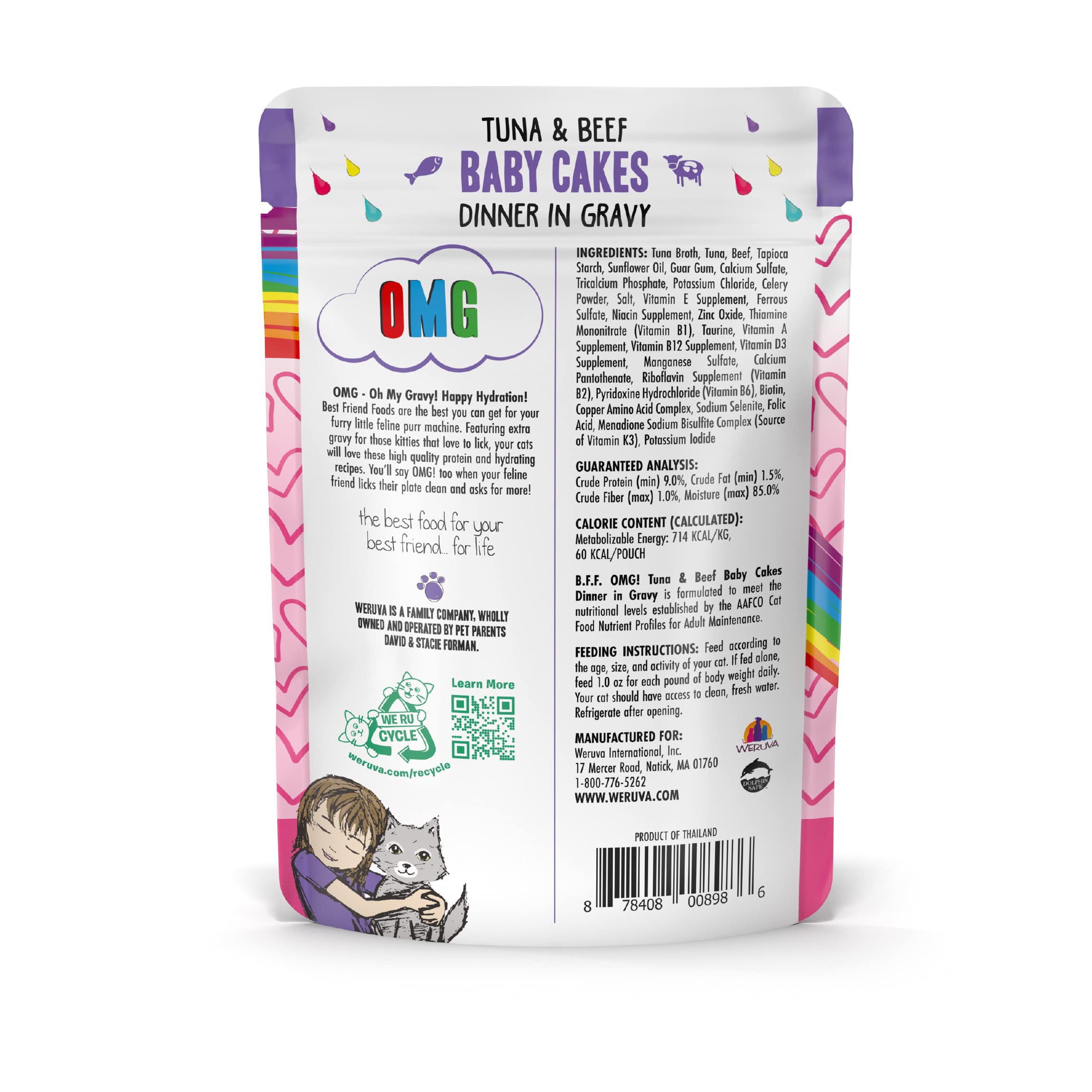 Weruva B.F.OMG Best Feline Friend Oh My Gravy! Tuna & Beef Baby Cakes in Gravy - Grain-Free Wet Cat Food, 3oz Pouch (Pack of 12) - High Protein, Natural Ingredients for Adult & Senior Cats - Perfect for Picky Eaters & Mealtime Enrichment