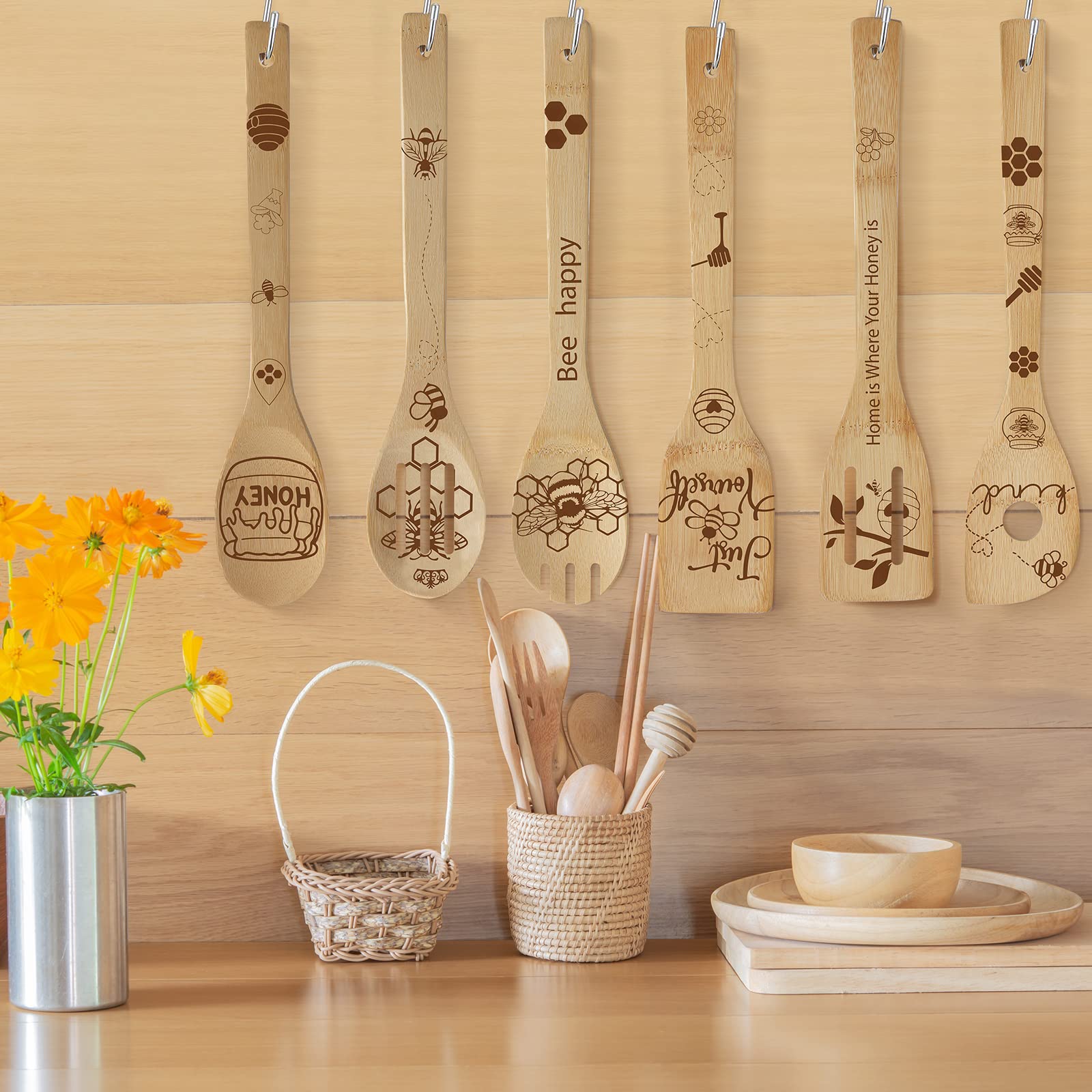 Bee Wooden Spoons Set - 6Pcs Honey-Themed Kitchen Utensils for Cooking, Baking & Wedding Gifts