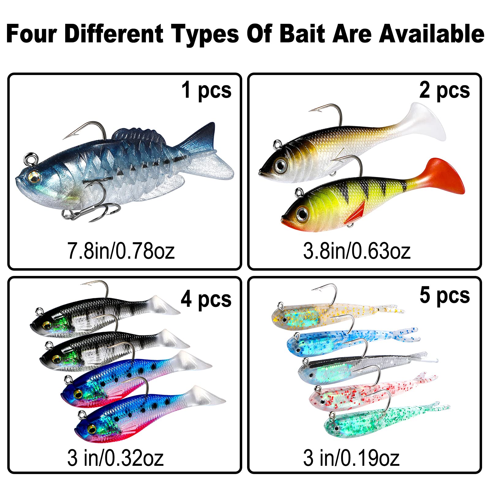 PLUSINNO Fishing Lures Kit - Pre-Rigged Soft Swimbaits with Ultra-Sharp Hooks for Trout, Pike, Walleye & Bass | Paddle Tail Jig Heads for Saltwater & Freshwater Fishing | Ideal for Kayak, Boat and Shore Fishing Adventures