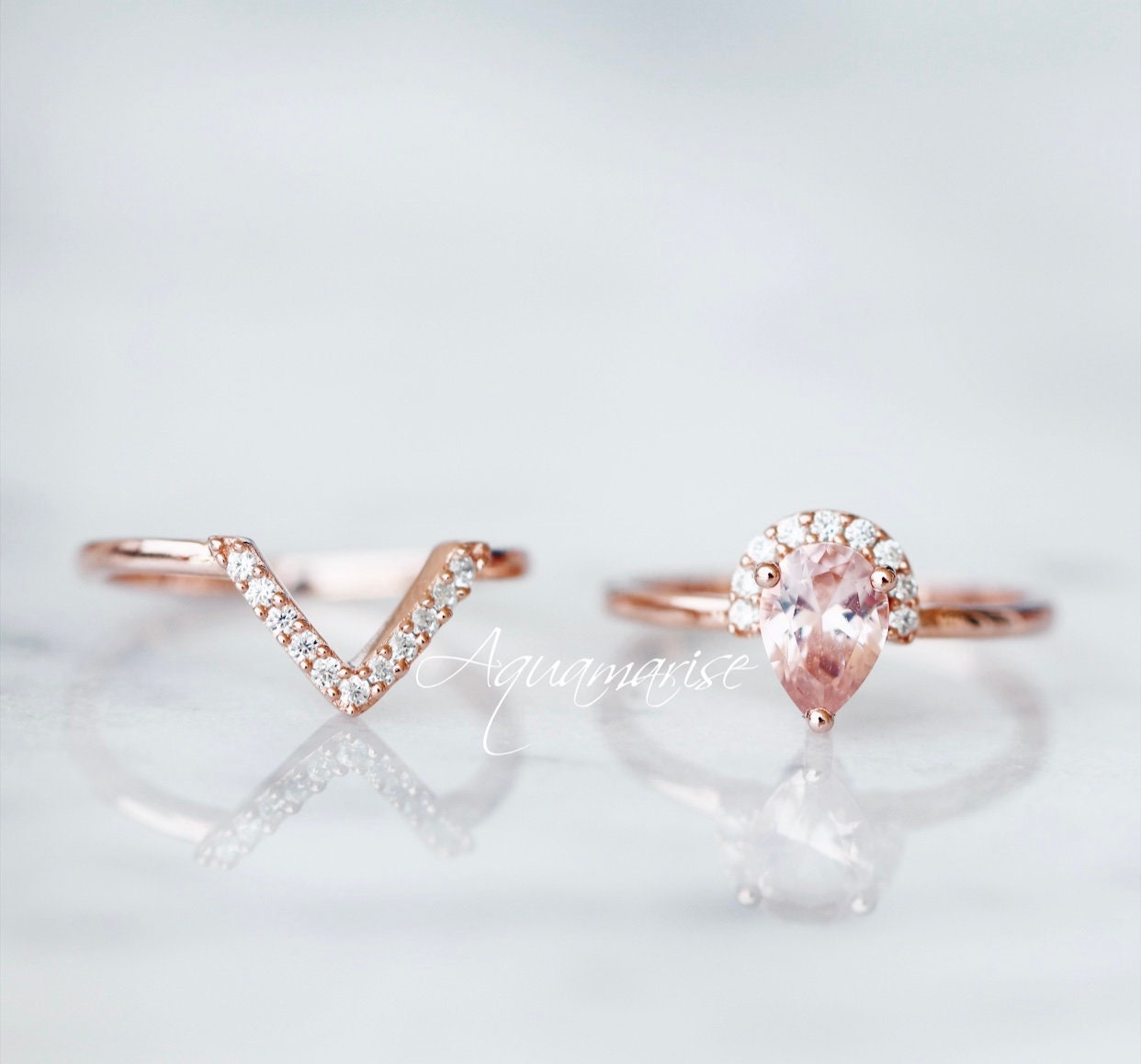 Aria Morganite Ring Set 14K Rose Gold Vermeil - Elegant Stackable Rings for Women, Perfect for Engagement, Wedding, Anniversary & Everyday Wear