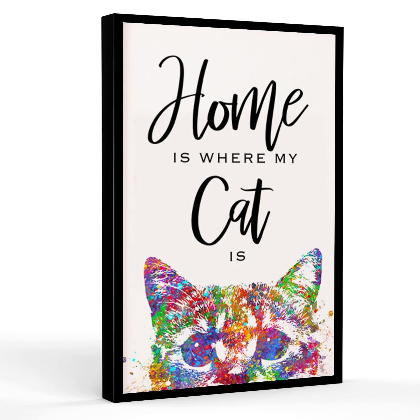 Home Is Where My Cat Is - Watercolor Cat Portrait Art Print - Framed Canvas Wall Decor (12x18 inch) - Perfect for Dining Room, Bedroom & Office Decor - Cute Cat Lover Gift Idea
