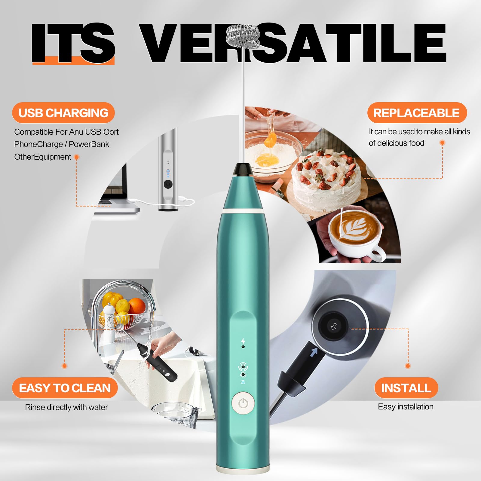 Rechargeable Handheld Electric Milk Frother with 3 Stainless Steel Whisk Attachments - 3-Speed Adjustable Foam Maker for Coffee, Matcha, Latte, Cappuccino & Hot Chocolate - Perfect for Home, Office & Cafe Use (Green)