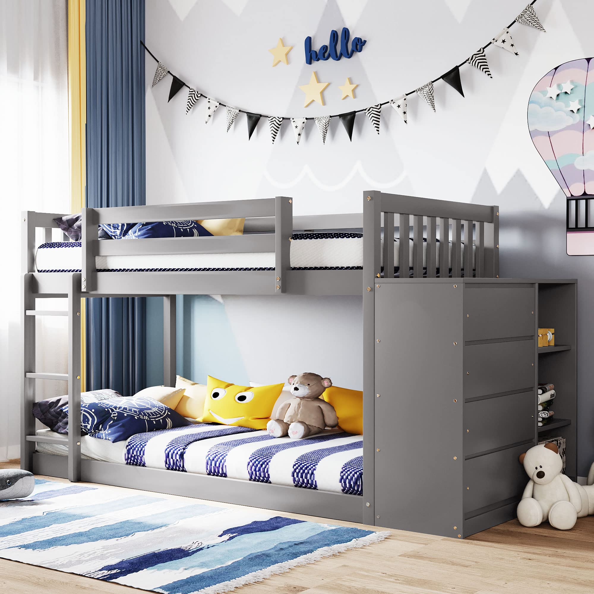 MERITLINE Twin Over Twin Bunk Bed with Storage Drawers & Shelves, Solid Wood Low Loft Bed Frame for Kids - Boys & Girls Bedroom Furniture (Gray) - Perfect for Small Spaces, Shared Rooms & Sleepovers