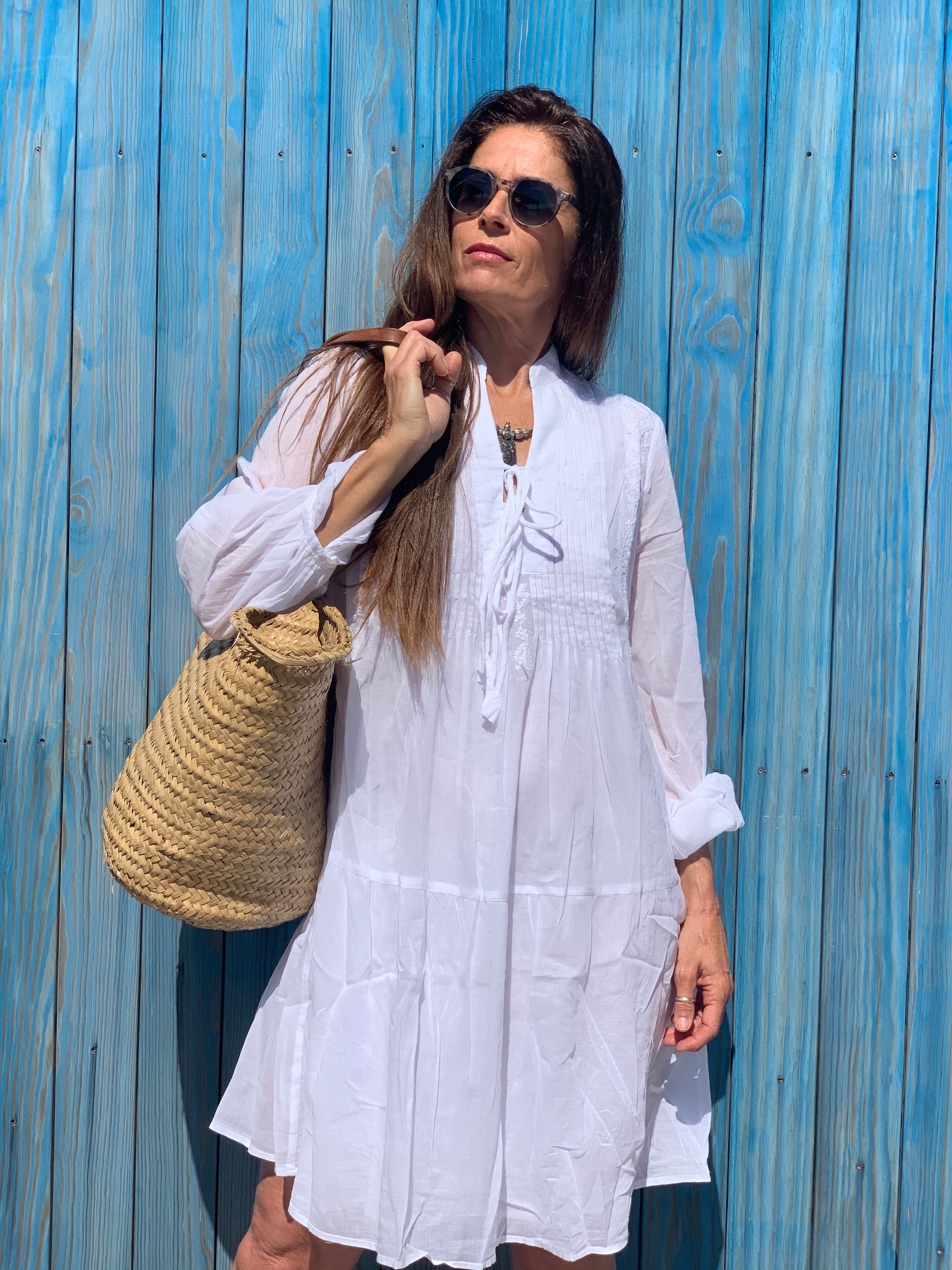 Simran Tunika Dress - White Ibiza Short Sleeve Cotton Dress | Perfect for Beach, Vacation & Summer Outfits
