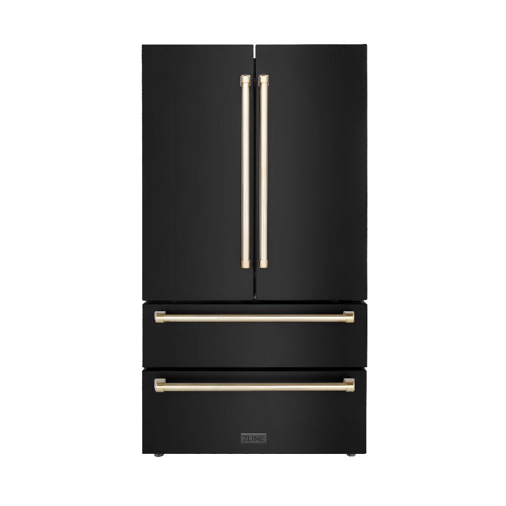 ZLINE Autograph Edition 36-inch Black Stainless Steel Kitchen Package - Dual Fuel Range, Range Hood, Dishwasher & Gold Accent Refrigerator | Luxury Kitchen Appliances for Modern Homes & Professional Chefs
