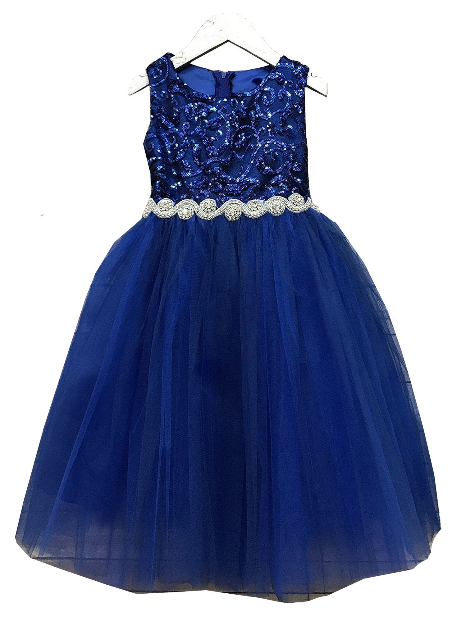 Navy Blue Silk Rhinestone Belt Tulle Christmas Dress for Girls Size 8-12 | Elegant Holiday Party Dress for Christmas, Pageants, and Special Occasions