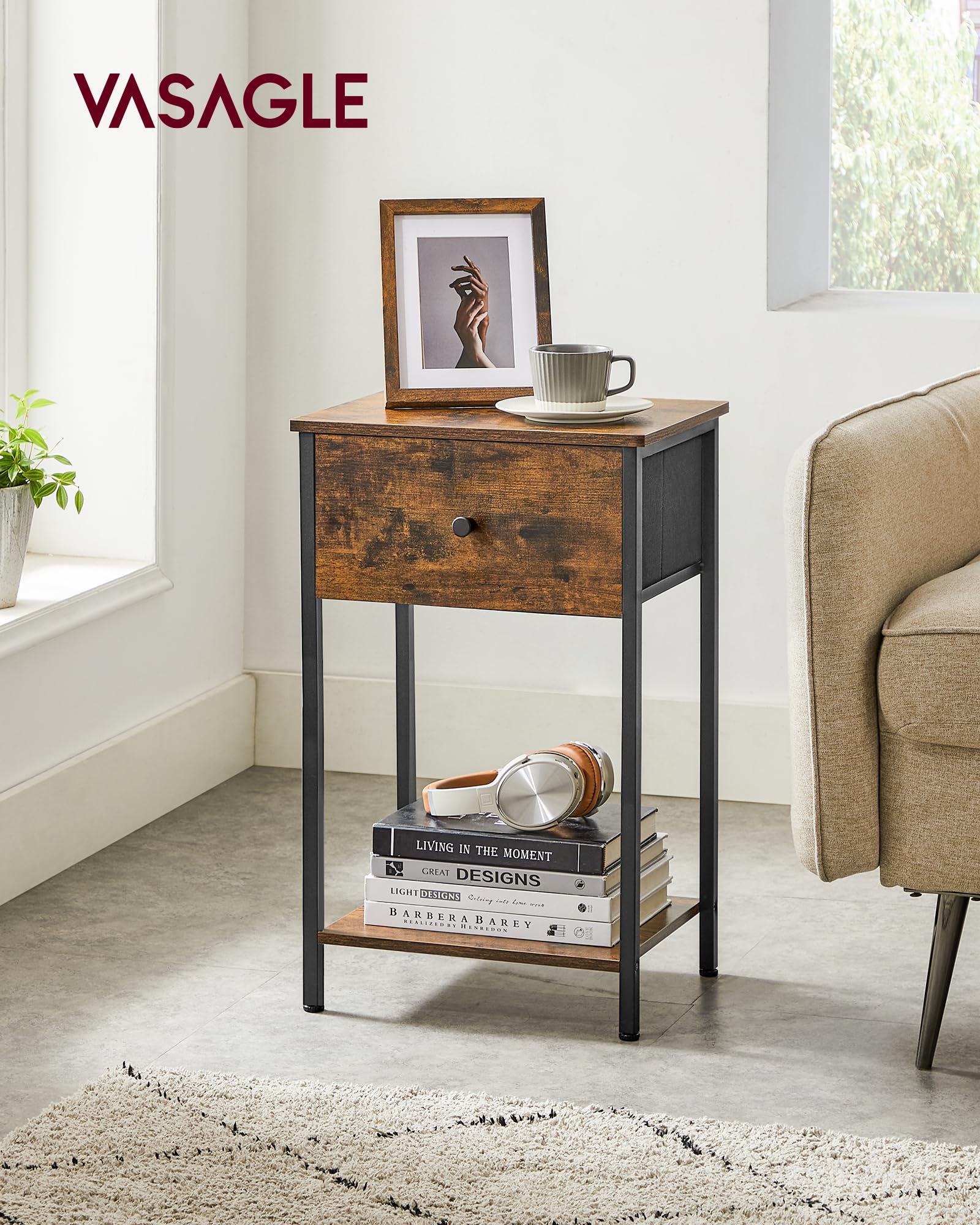 VASAGLE Nightstand Set of 2 - 24 Inch Tall Rustic Brown and Black Side Tables with Fabric Drawer & Storage Shelf for Bedroom - Perfect for Small Spaces, Apartment Living, and Guest Rooms ULGS221B01V1