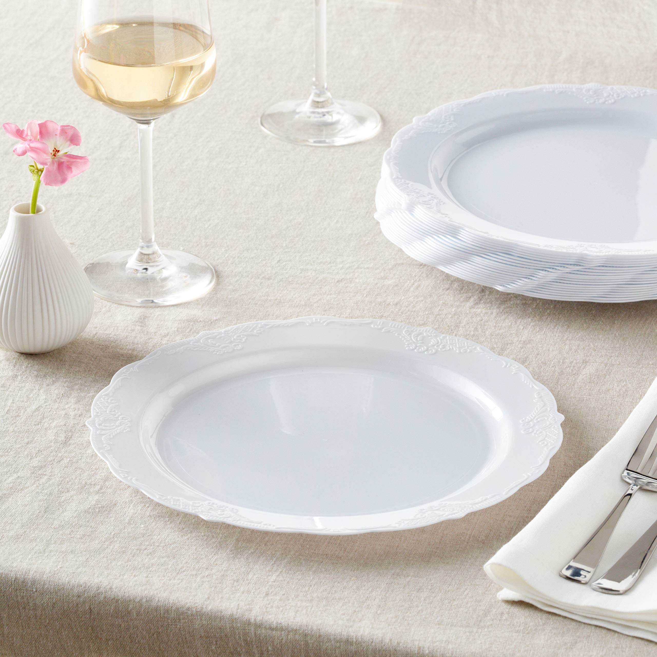 Premium Silver Vintage Disposable Plastic Dinner Plates - 10-Piece Set, Pack of 2 - Elegant White Reusable Tableware for Parties, Picnics & Catering Events