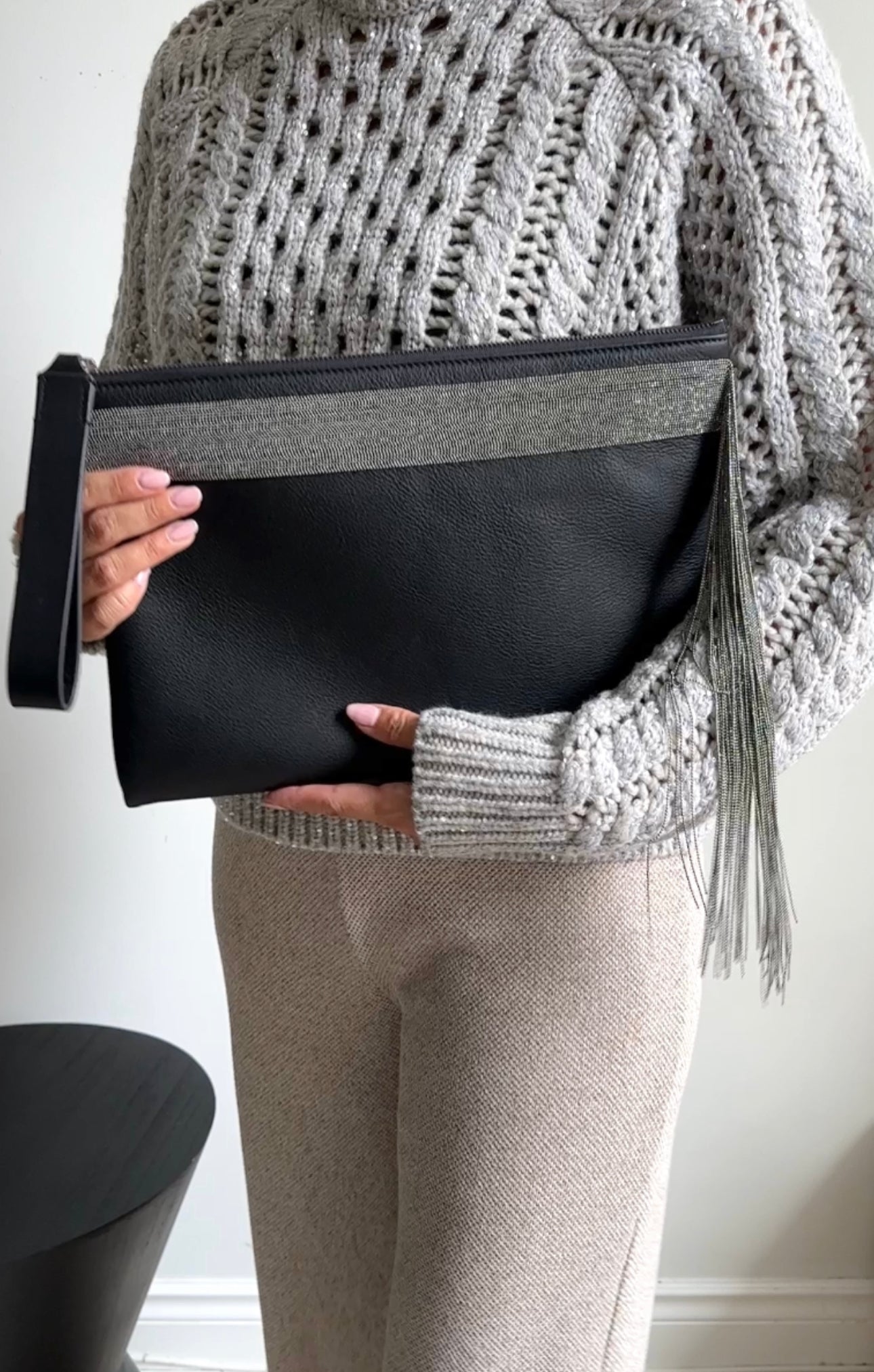 Brunello Cucinelli Charcoal Grey Leather Fringe Zip Pouch Clutch Bag for Women | Elegant Evening Party & Wedding Accessory | Stylish Crossbody Handbag for Date Night & Special Occasions