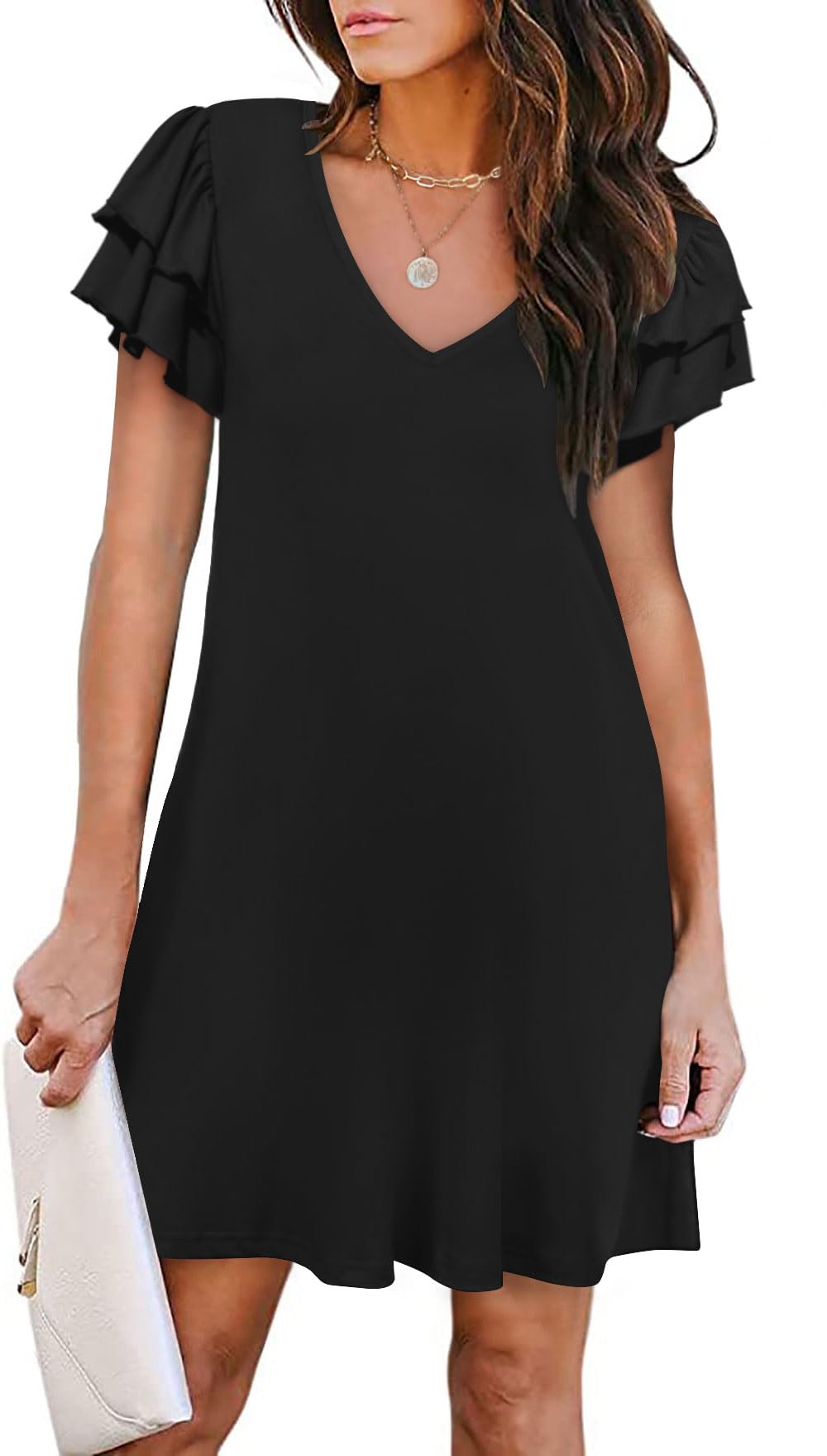 Women's Casual Summer Dress with Ruffle Short Sleeves & V-Neck - A-Line Cocktail Dress with Pockets - Perfect for Beach, Party, and Everyday Wear