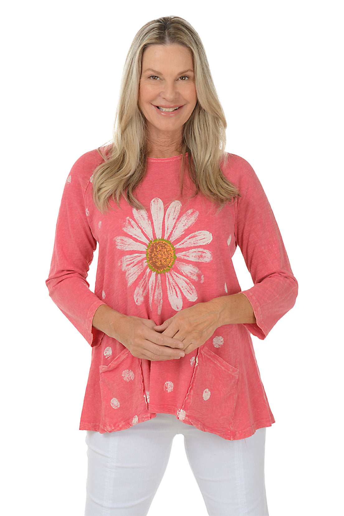 Happy Days Women's Mineral Wash Double Pocket Knit Top - Soft Casual Long Sleeve Shirt for Everyday Wear, Work & Weekend Outfits