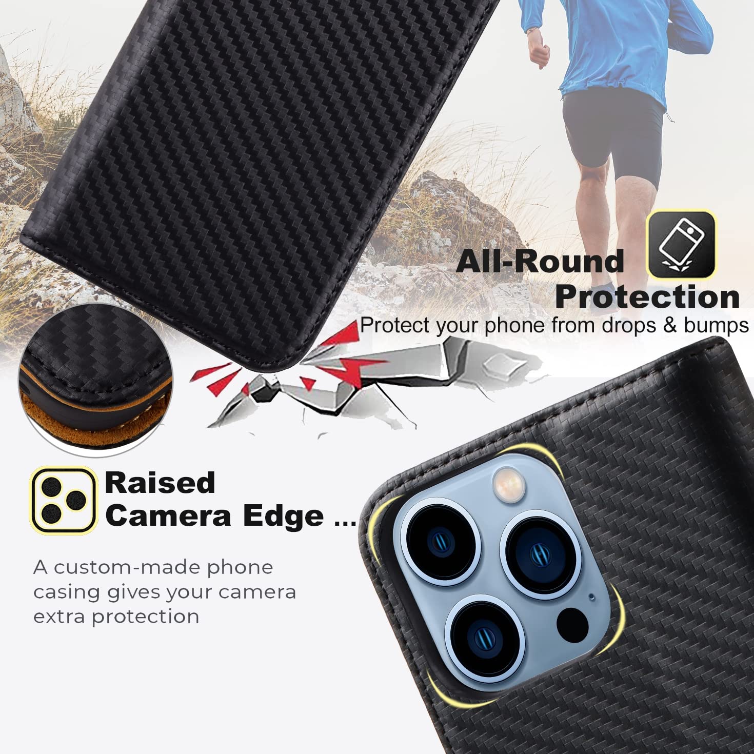 Premium VISOUL Magnetic Wallet Case for iPhone 13 Pro Max (6.7-inch) - Carbon Fiber Leather Folio Cover with Card Holder (Black+Tan) | Perfect for Business, Travel & Everyday Protection