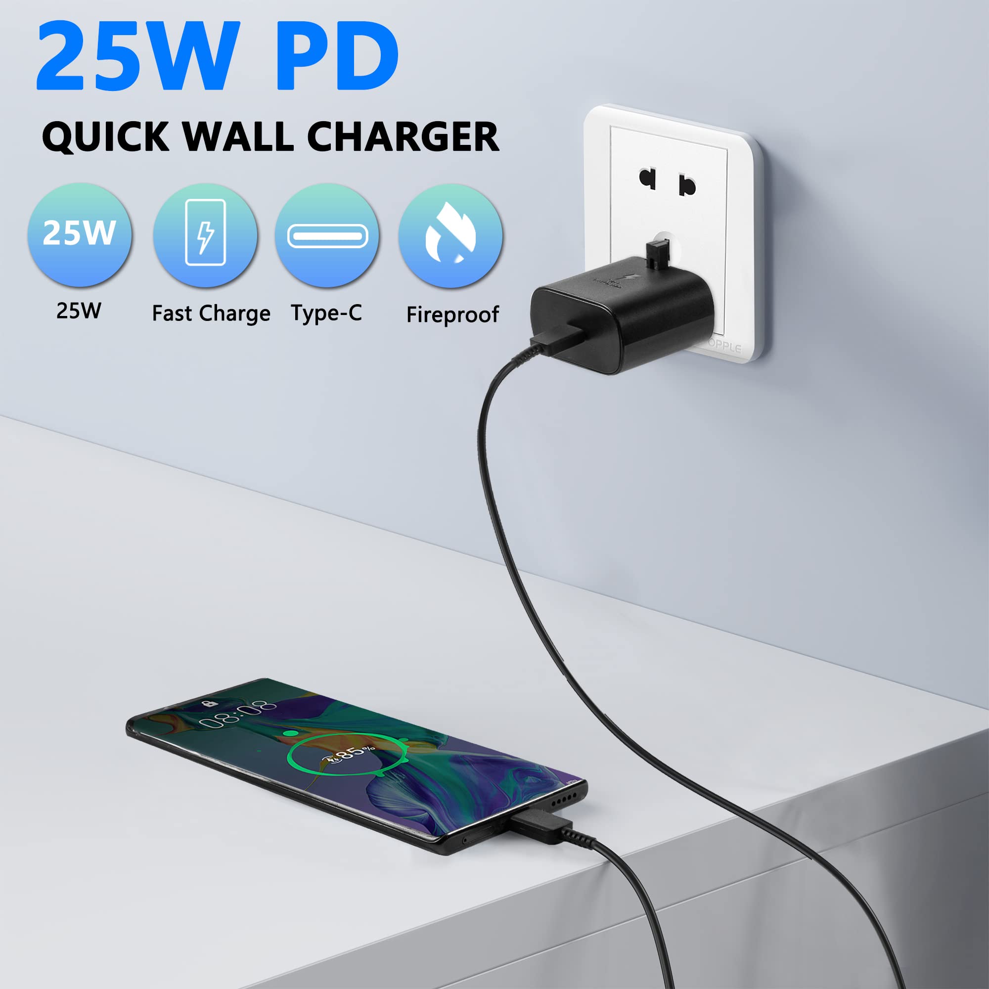 25W Samsung Fast Charger Plug with 6FT USB C Cable - Compatible with Galaxy S23/S22/S21/S20, Note 20/10, A Series & USB-C Devices | Quick Charge 3.0 | Perfect for Home, Office & Travel Charging Needs