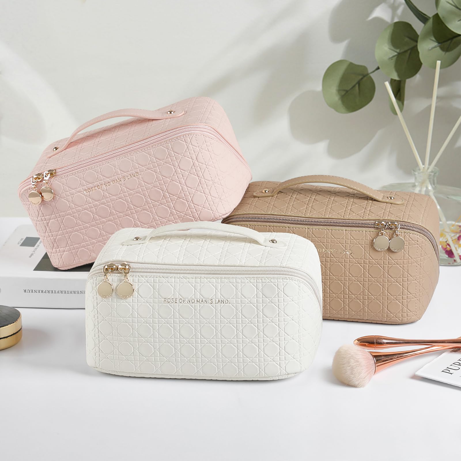 Large Capacity Waterproof PU Leather Travel Makeup Bag for Women - Portable Cosmetic Organizer with Dividers, Pink | Perfect for Vacation, Gym & Daily Use