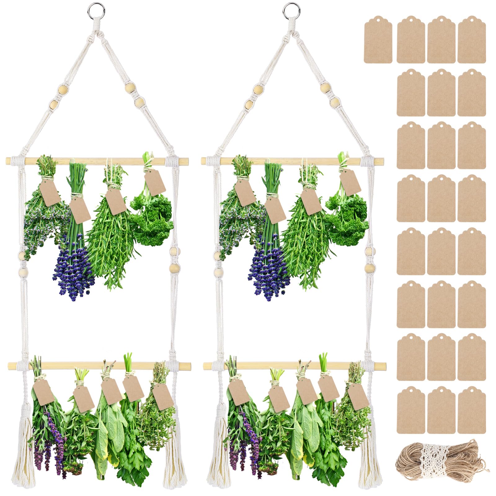 2 Pack Double Tier Herb Drying Rack with 10 Hooks - Hand Woven Flower Drying Rack Includes 25 Brown Gift Tags & 32ft Hemp Rope - Perfect for Drying Herbs, Flowers, and Plants in Kitchen, Garden, or DIY Craft Projects