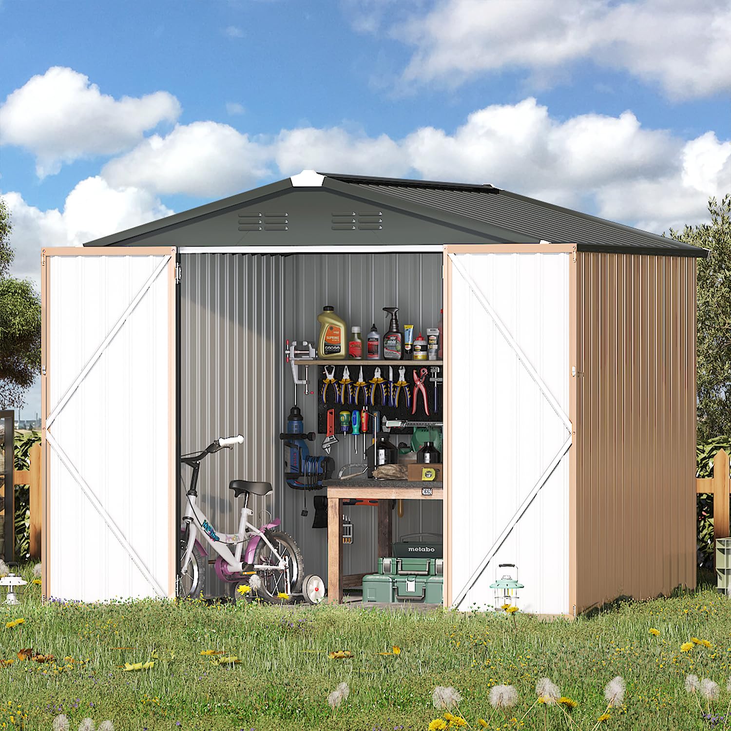 AECOJOY 7x7 Feet Metal Storage Shed - Outdoor Garden Shed with Lockable Doors for Tool & Utility Storage | Perfect for Backyard, Patio, Lawn Equipment & Seasonal Item Organization