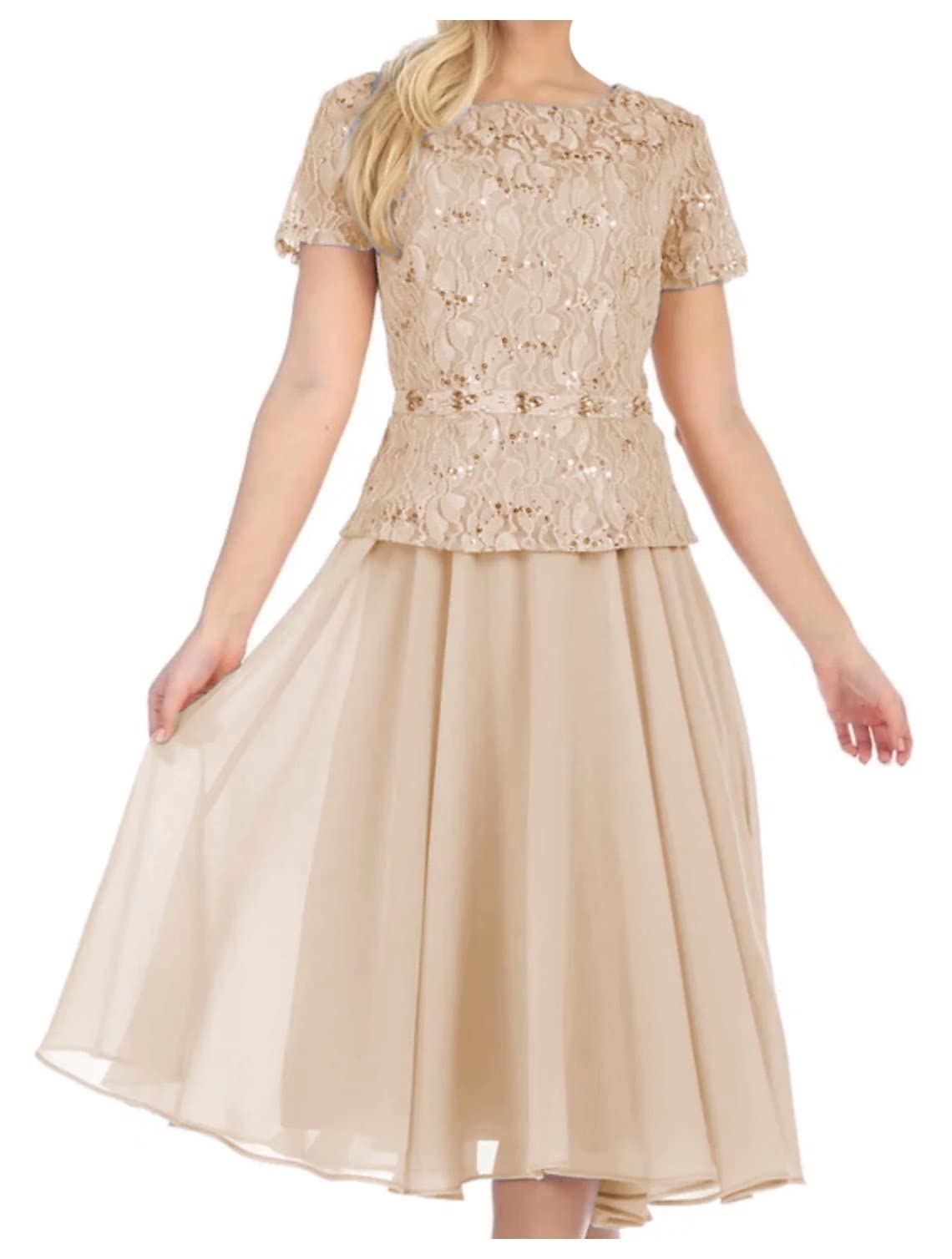 Elegant Lace Tea-Length Mother of the Bride Dress with Sleeves - Formal Wedding Gown for Mother of Groom - Perfect for Evening Ceremonies, Receptions & Special Occasions