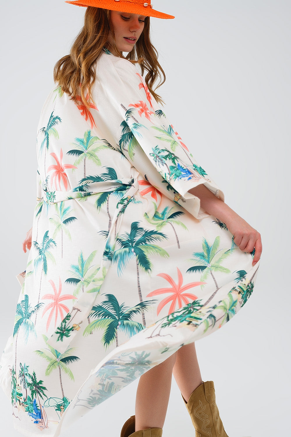 Cream Open Kimono with Beach Print - Mid-Length Boho Cover Up for Women | Perfect for Beach Vacations, Poolside Lounging & Summer Outfits