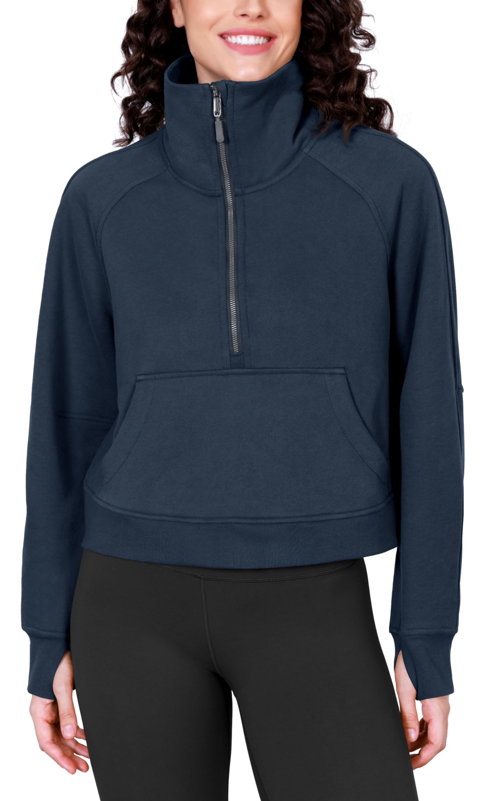 ODODOS Women's Half Zip Fleece Lined Oversized Hoodie - Funnel Neck Cropped Pullover Sweatshirt with Thumb Holes | Cozy Winter Wear, Casual Outfits, Lounge & Street Style Fashion