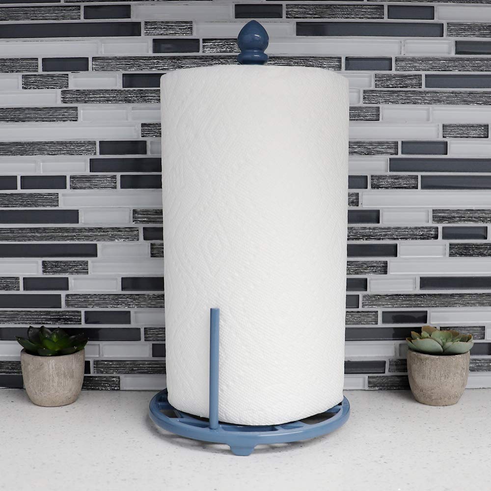 Home Basics Iris Freestanding Cast Iron Paper Towel Holder with Tear Bar - Slate Gray | Sturdy Kitchen & Bathroom Organizer for Countertops & Pantries