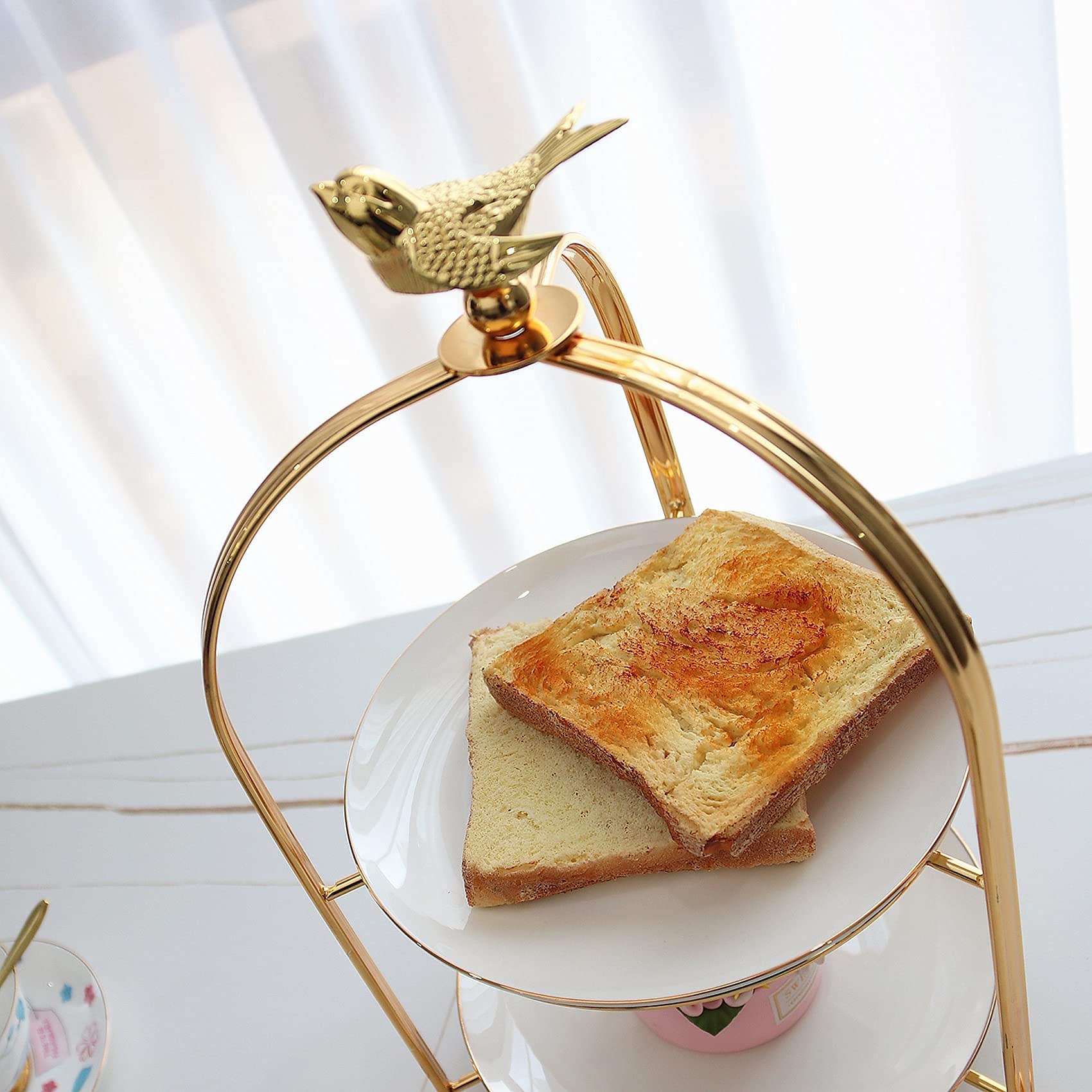 2 Tiered Cake Stand - Elegant Metal Dessert Display Stand for Tea Party, Wedding, or Afternoon Tea - Includes 2 White Bone China Plates with Gold Edges (Gold, 2 Tier) - Perfect for Birthday Parties, Bridal Showers & Special Events