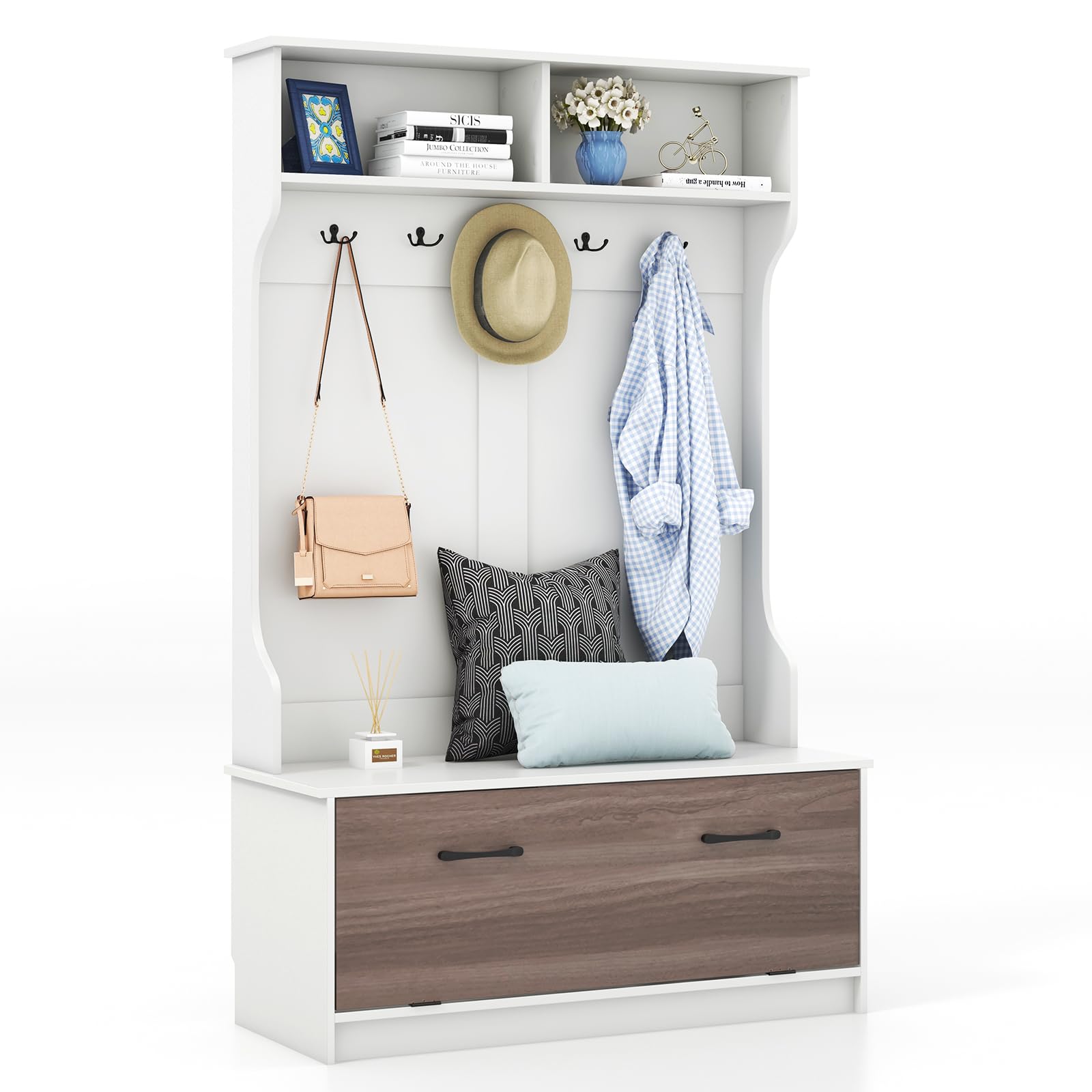 **Tangkula Hall Tree with Coat Rack & Storage Bench - 5 Double Hooks, Freestanding Entryway Organizer for Home, Bedroom, Mudroom - White | Perfect for Small Spaces, Entryway Storage & Shoe Organization**