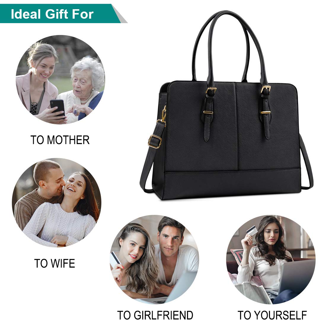 Stylish 15.6 Inch Leather Laptop Bag for Women - Professional Work Tote Handbag with Padded Compartment - Perfect for Office, Business Travel & College (Black)