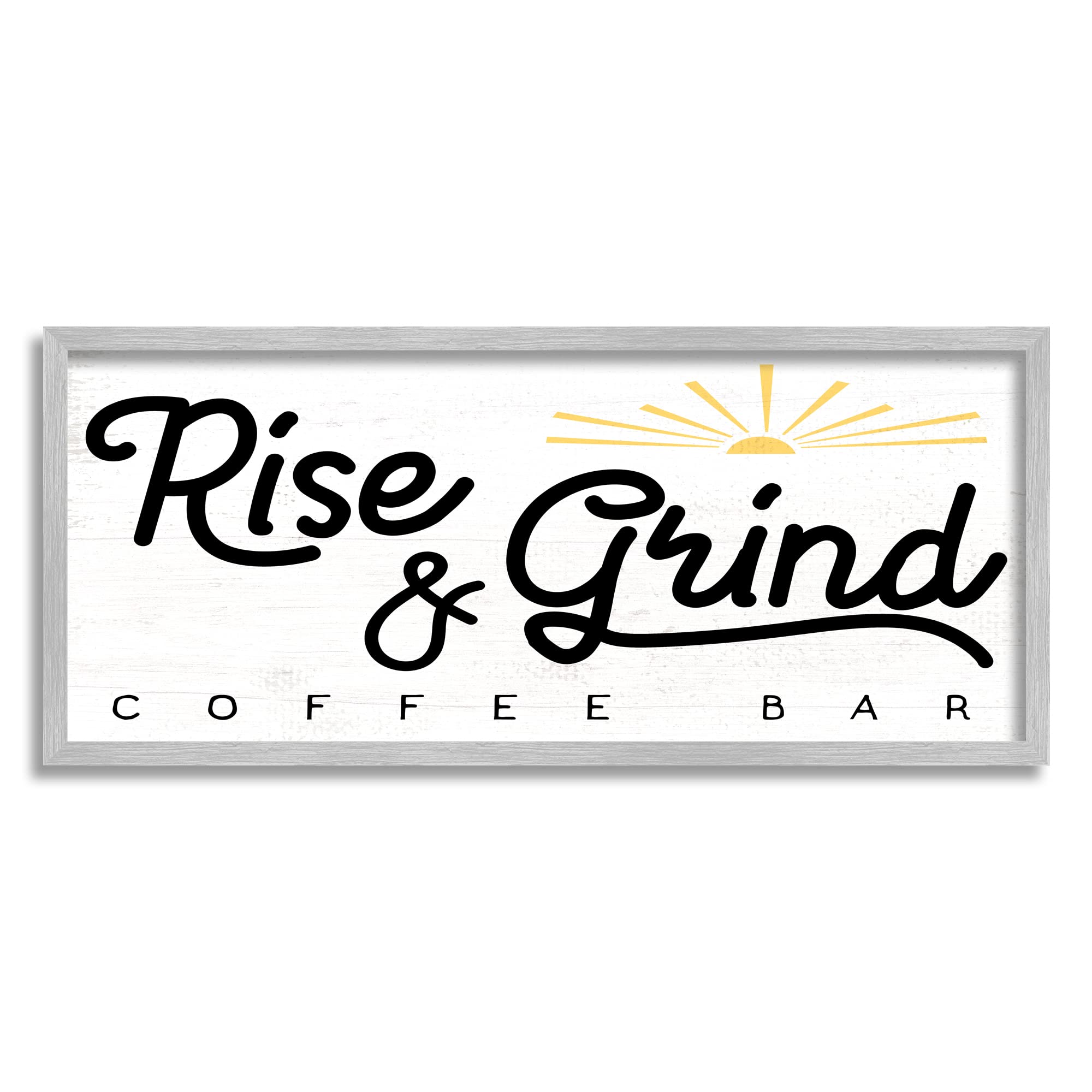 Stupell Industries Rustic Sunrise Coffee Bar Sign - Gray Framed Wall Art 30x13, Off-White | Rise & Grind Kitchen Decor by Daphne Polselli - Perfect for Coffee Shops, Home Cafes & Farmhouse Kitchens