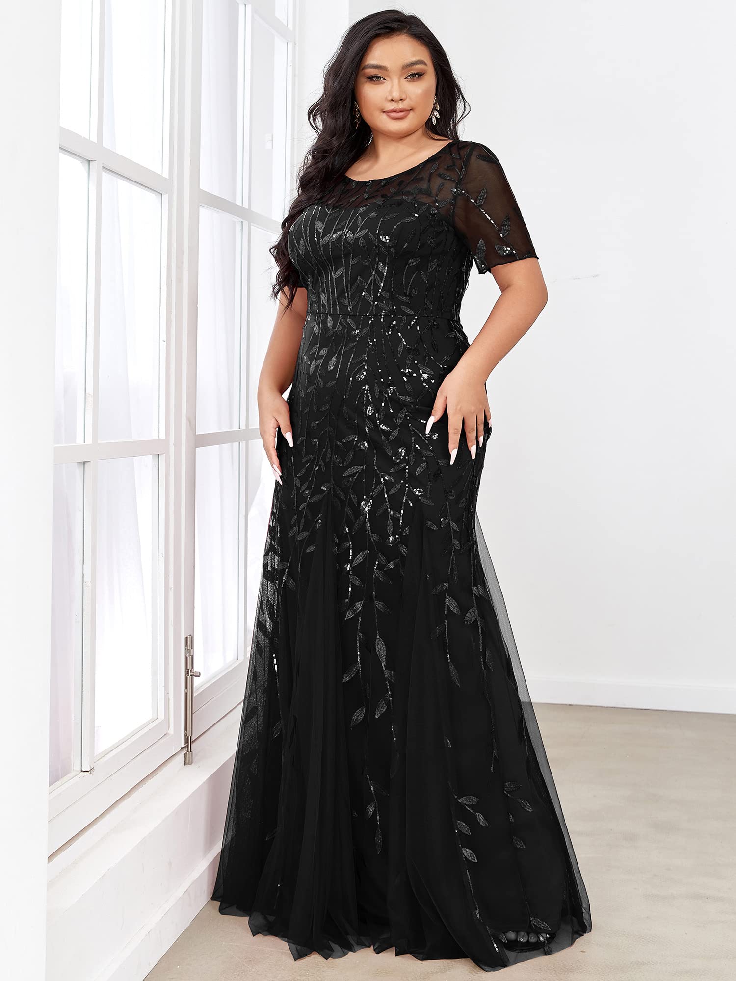 Ever-Pretty Women's Plus Size Embroidery Sequin Short Sleeve Bodycon Maxi Dress 07707-PZUSA | Elegant Formal Gown for Weddings, Prom, Evening Parties & Special Occasions