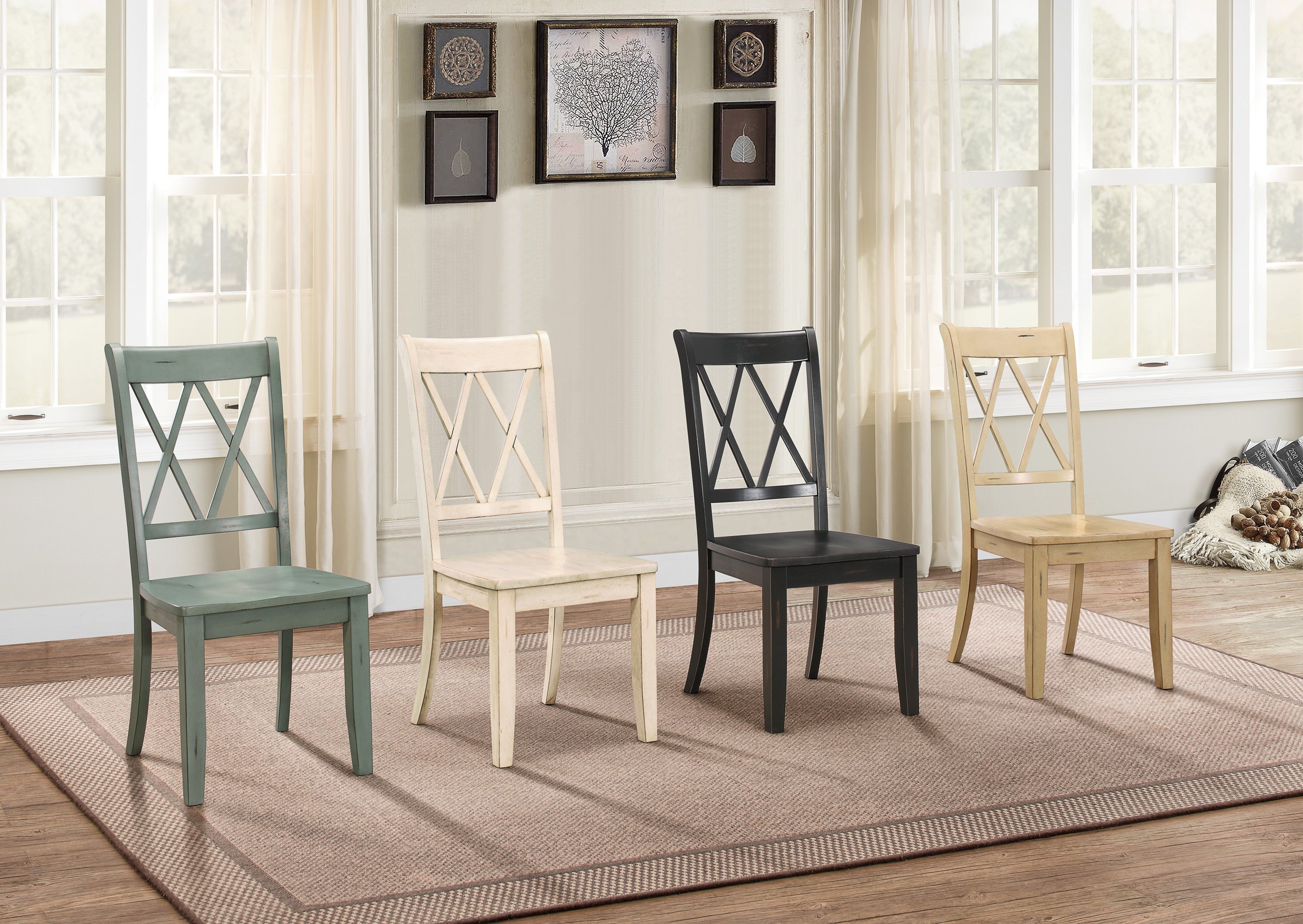 Set of 2 Buttermilk Finish Side Chairs - Pine Veneer Transitional Double X Back Design Dining Room Chairs for Kitchen, Breakfast Nook & Small Space Decor