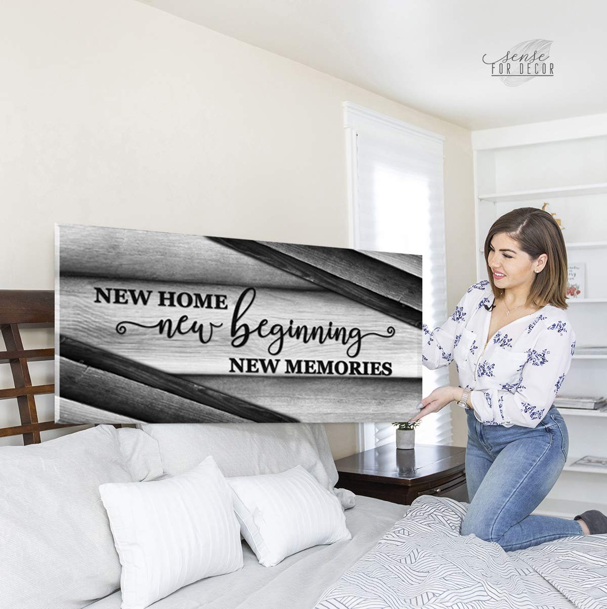 Wooden Framed Canvas Wall Art - Sense of Art New Home New Beginnings V15 - Rustic Religious Home Decor for Living Room, Housewarming Gift (Grey, 60x27 inches) - Perfect for Farmhouse, Apartment & Office Decor