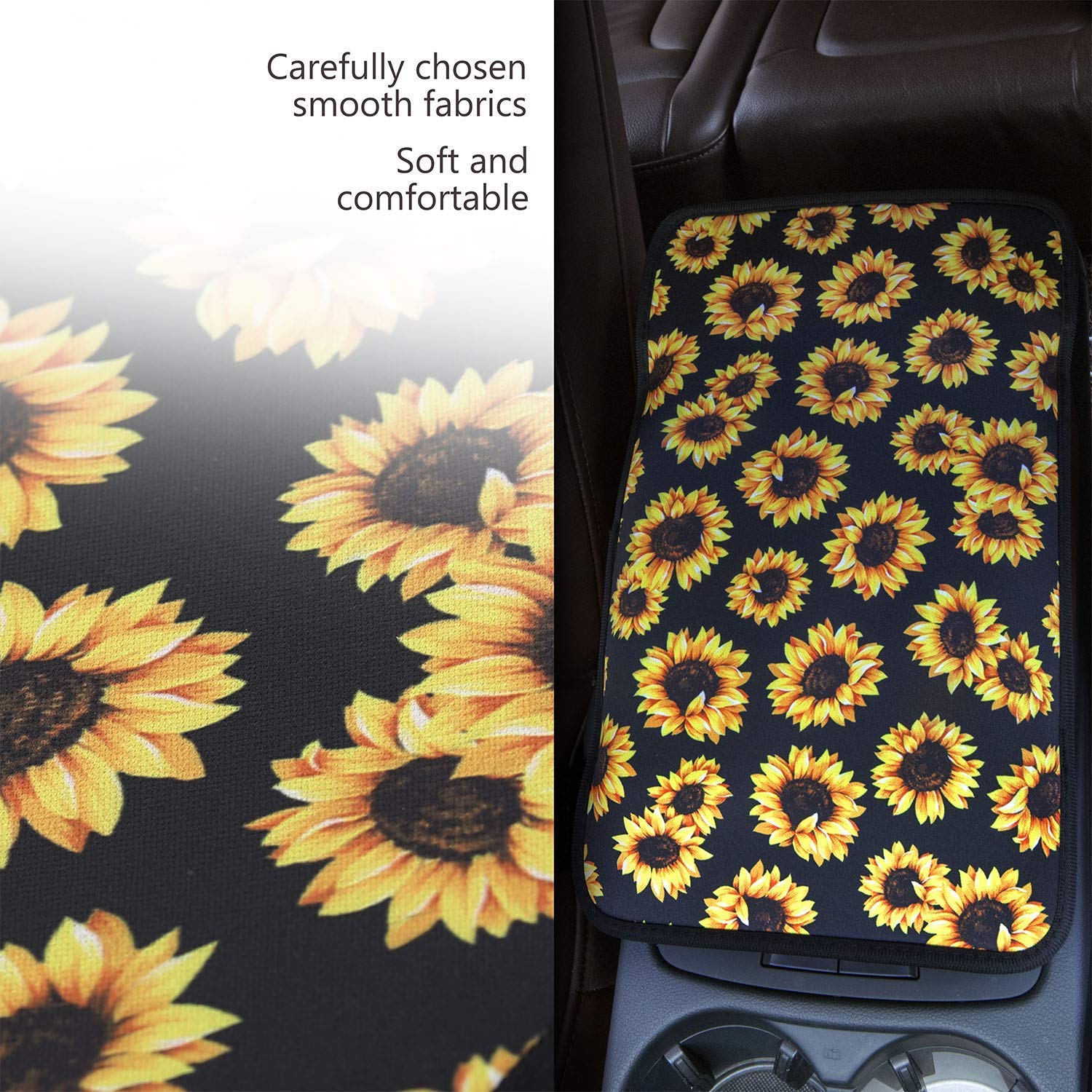 JoyLamoria Waterproof Sunflower Print Universal Car Center Console Armrest Cover - Soft Cushion Pad Protector for Sedan, SUV, Truck - Perfect for Road Trips & Daily Commute